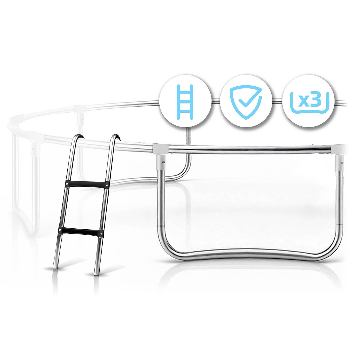 Trampolín con escalera, icono de verificación de seguridad y icono x3.
