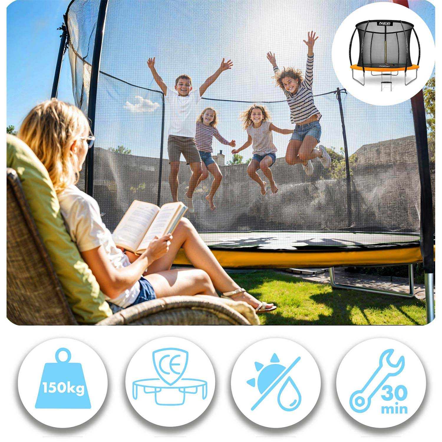 Bambini saltano su un trampolino mentre una donna legge. Icone: 150kg, CE, protezione solare, 30 min.