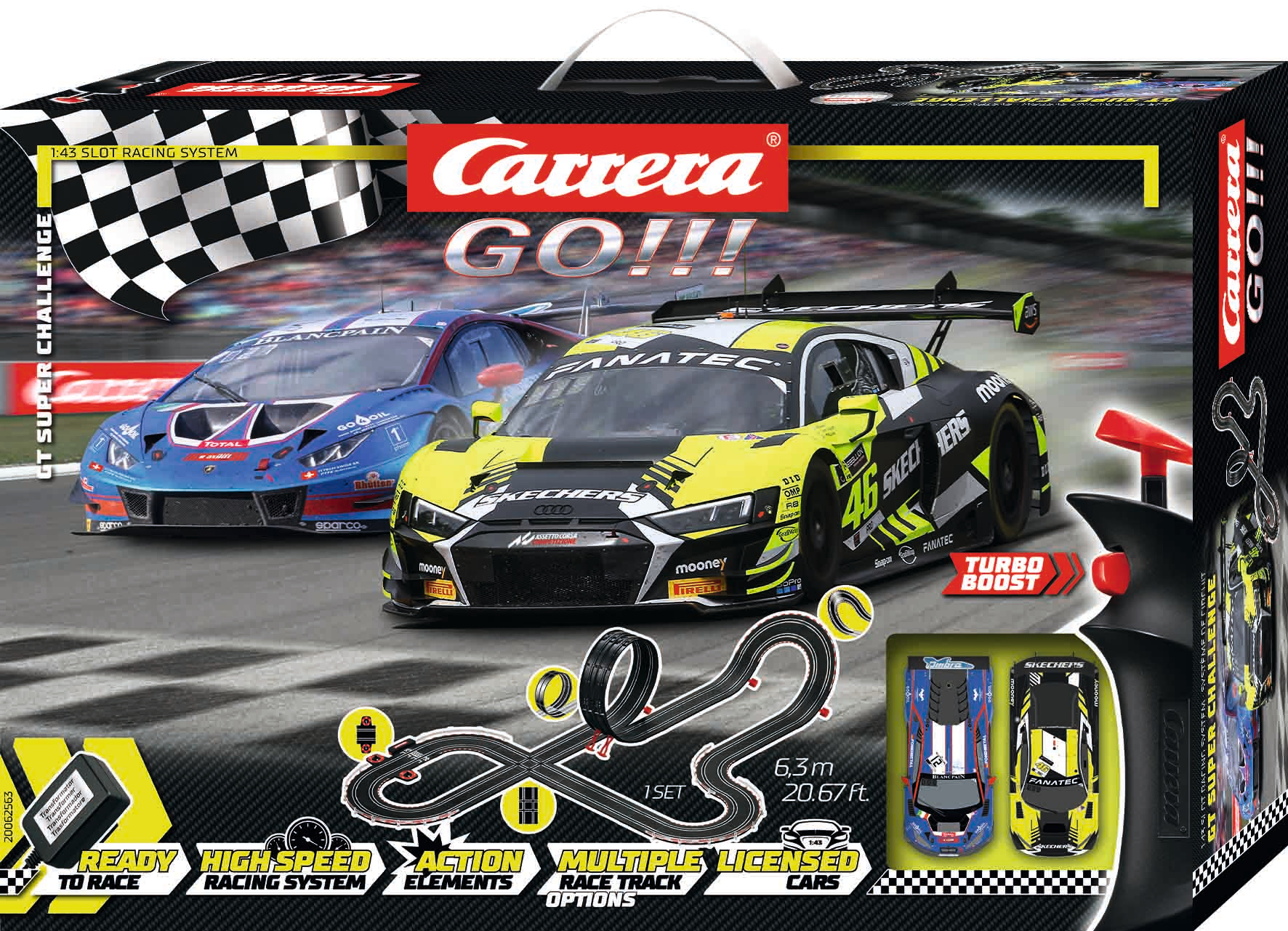 Circuito de slot Carrera GO!!! con dos coches, pista y accesorios.