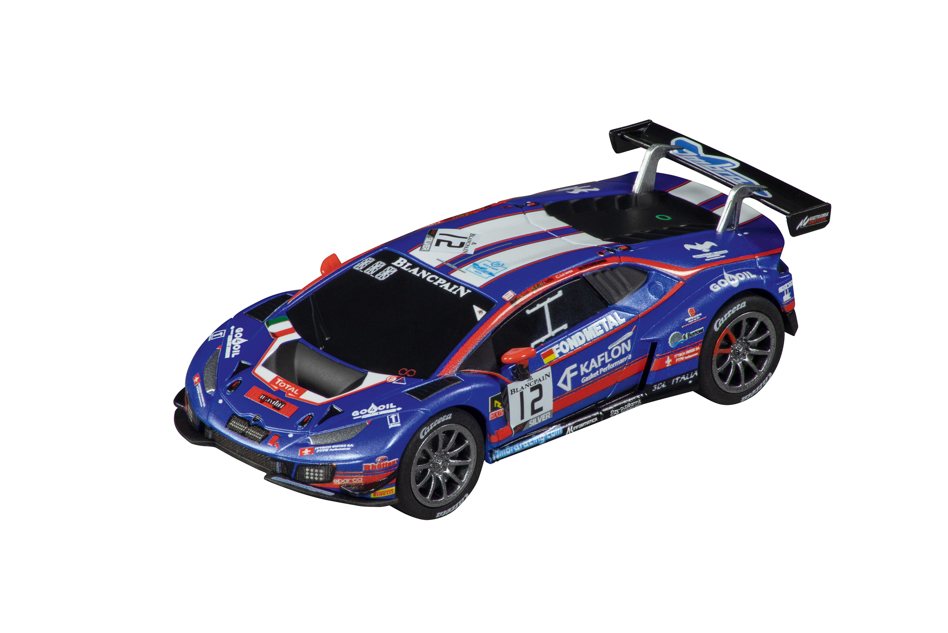 Un coche de carreras azul con el número 12 y muchas calcomanías de patrocinadores.