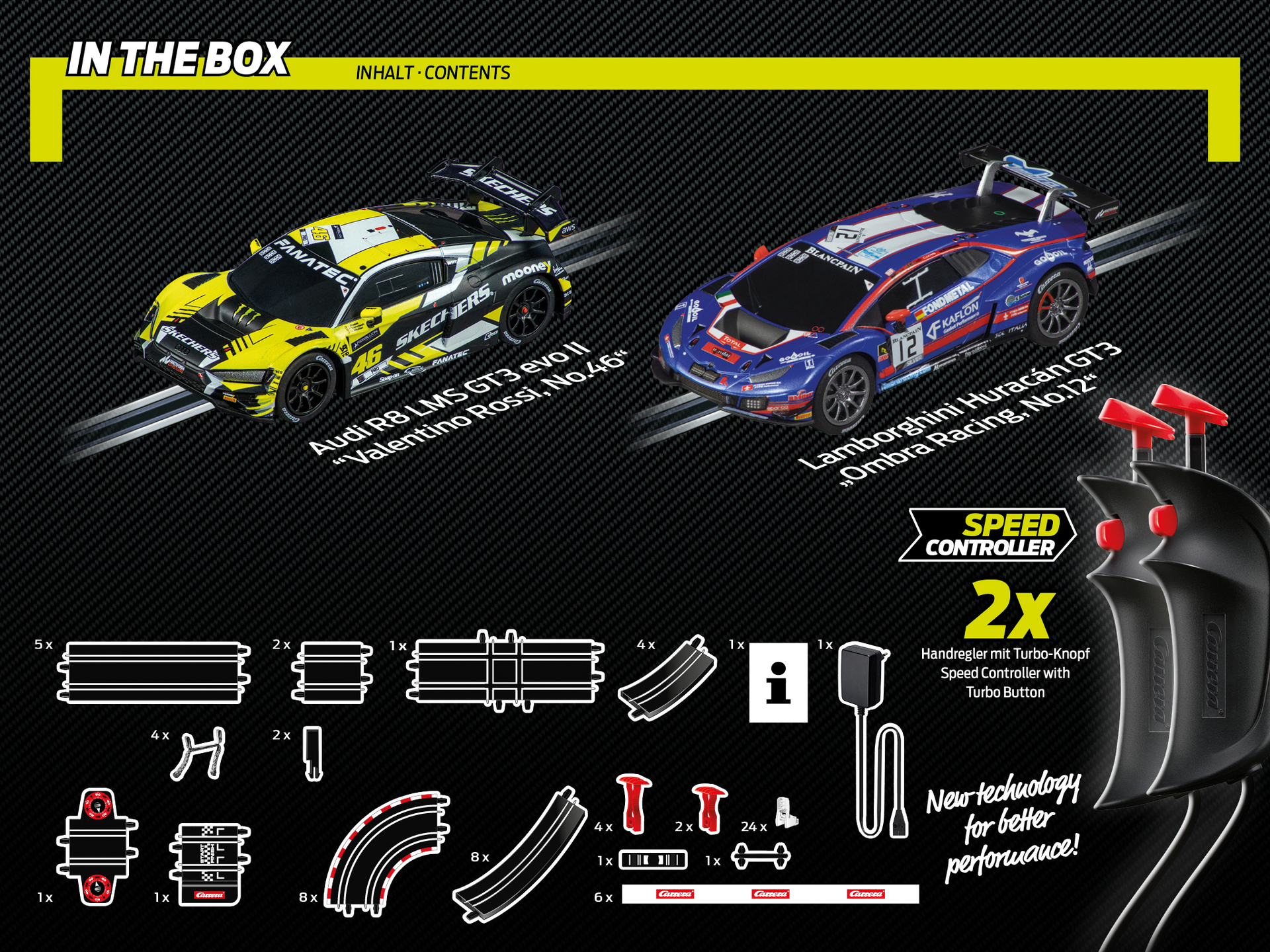 Contenido: Audi R8 amarillo y Lamborghini azul, piezas de pista, controladores y fuente.