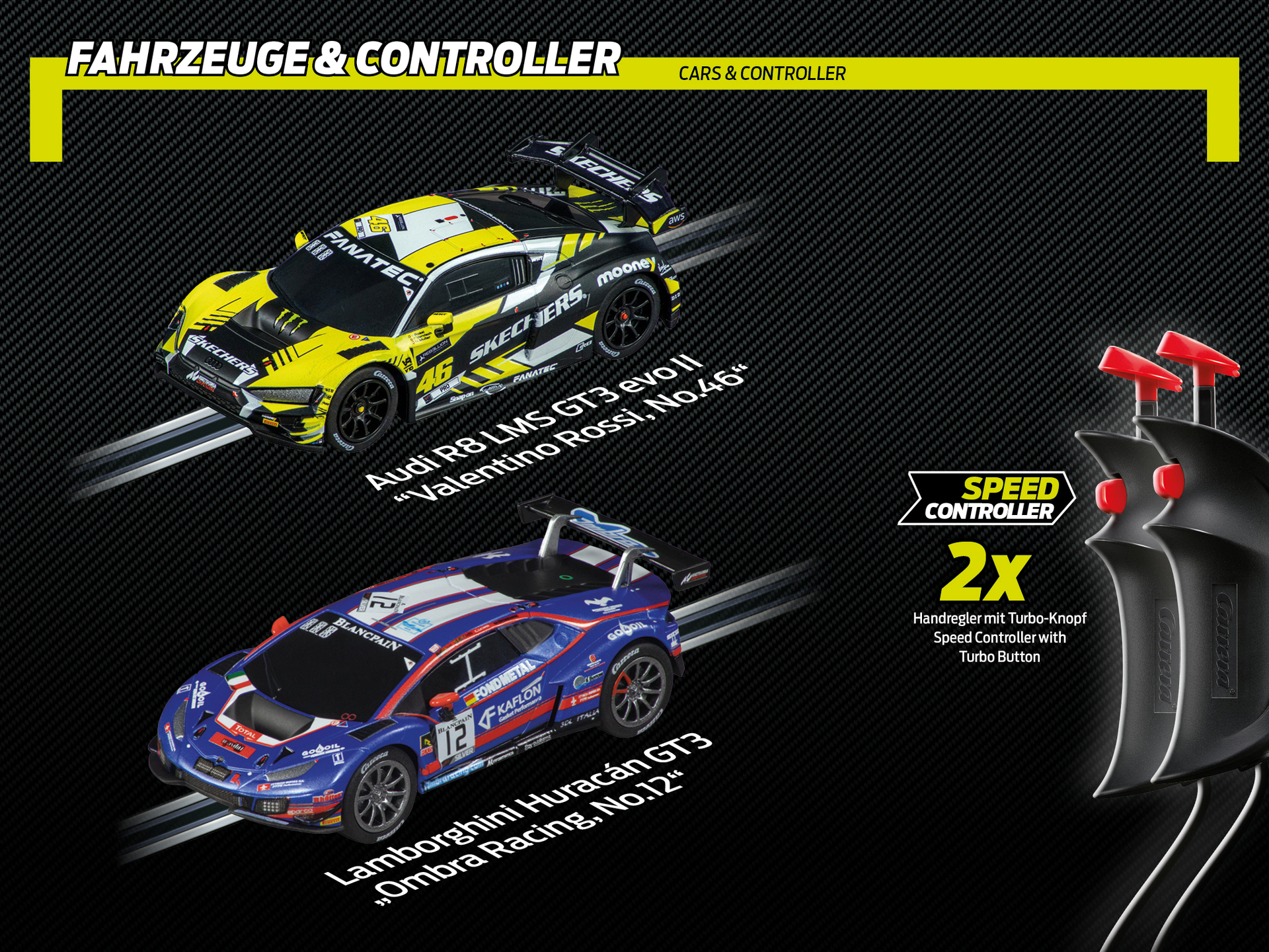 Coches de carreras Audi R8 LMS amarillo y Lamborghini GT3 azul, más controladores de velocidad negros.