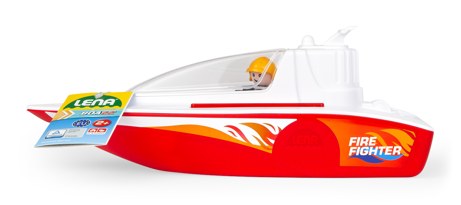Ein rotes Spielzeug-Feuerwehrboot mit einem Piloten im Cockpit.