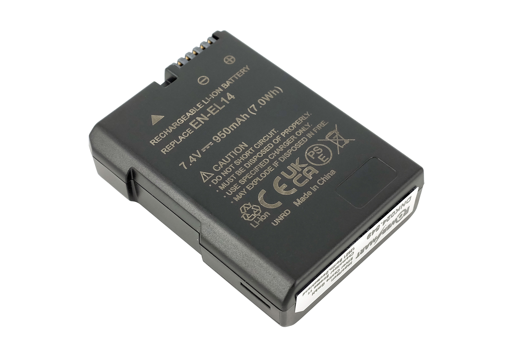 Schwarzer Li-Ion Akku EN-EL14, 7,4V, 950mAh, mit Warnhinweisen.