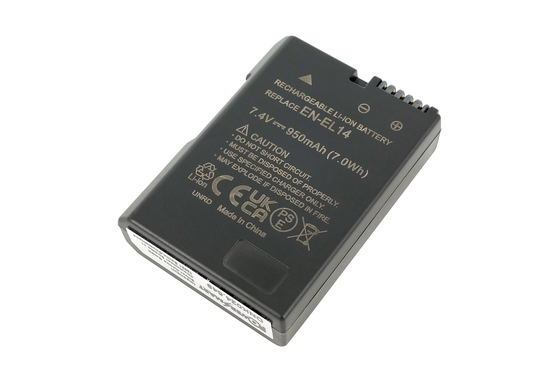 Schwarzer Lithium-Ionen-Akku EN-EL14, 7,4V, 950mAh mit Warnhinweisen.