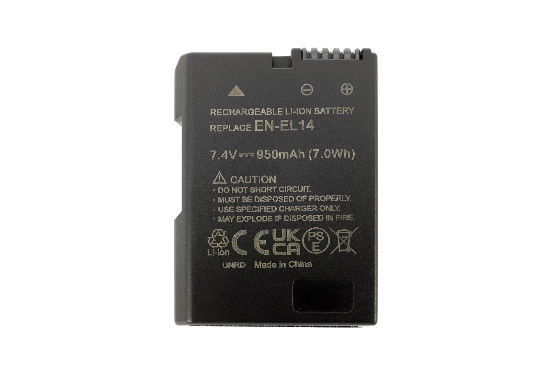 Schwarzer Akku mit Aufschriften: EN-EL14, 7.4V, 950mAh.