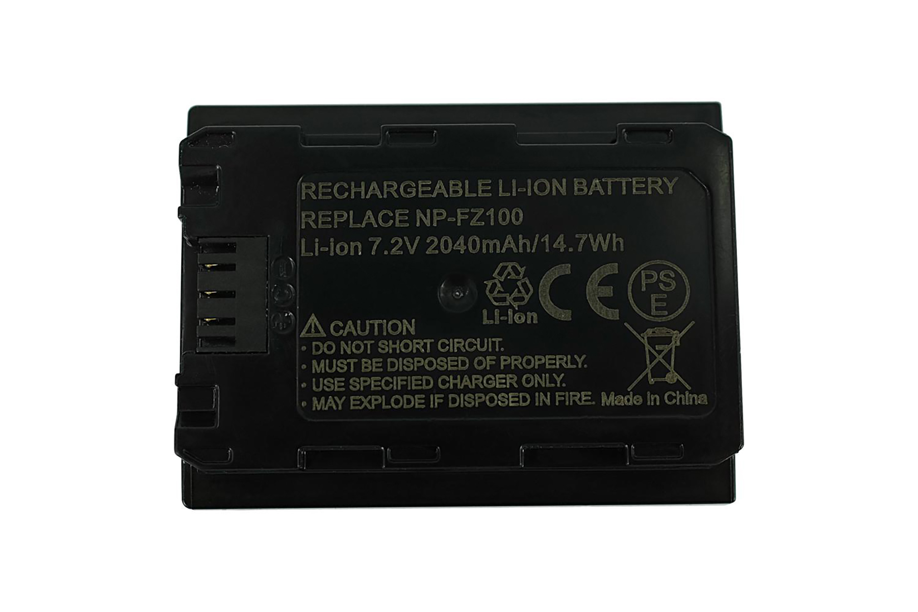 Schwarzer Li-Ion Akku, Modell NP-FZ100, 7,2V, 2040mAh. Mit CE-Zeichen.