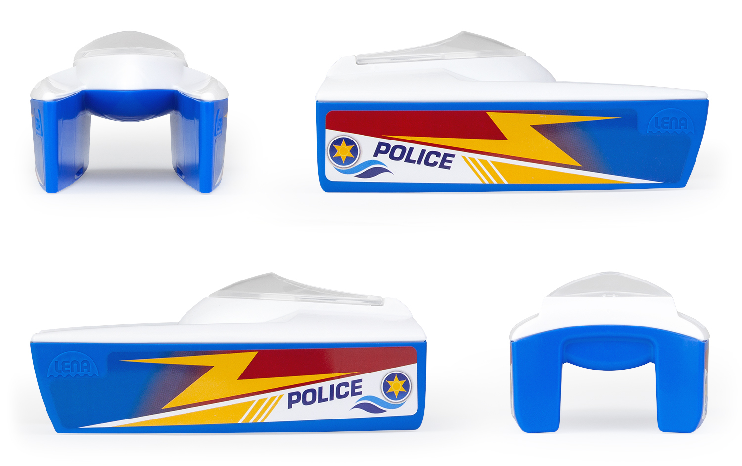 Ein blau-weißes Polizeiboot-Spielzeug mit Blitzmuster und Sternen.