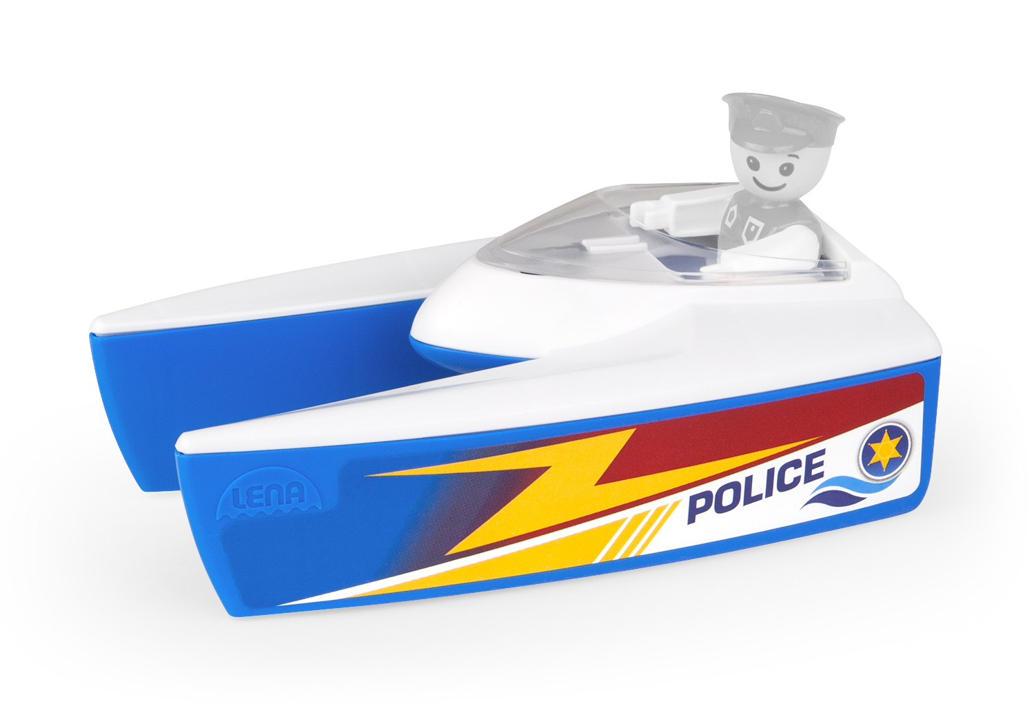 Ein Spielzeug-Polizeiboot mit einem Mann in Uniform, das auf weißem Hintergrund steht.