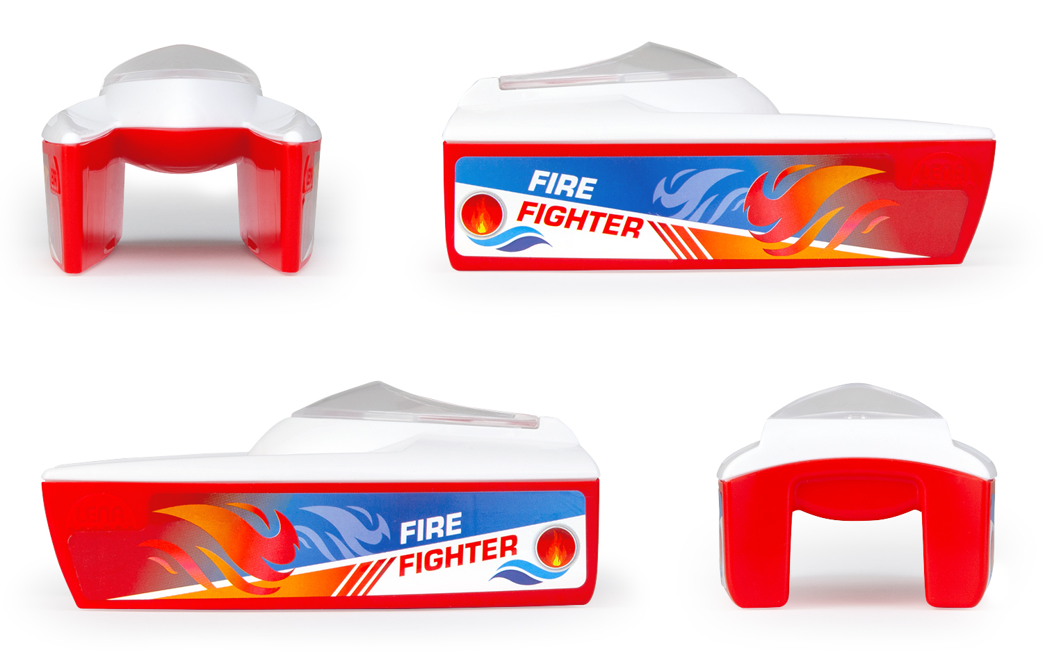 Ein rotes und weißes Spielzeug-Feuerwehrboot mit Flammen-Aufklebern.