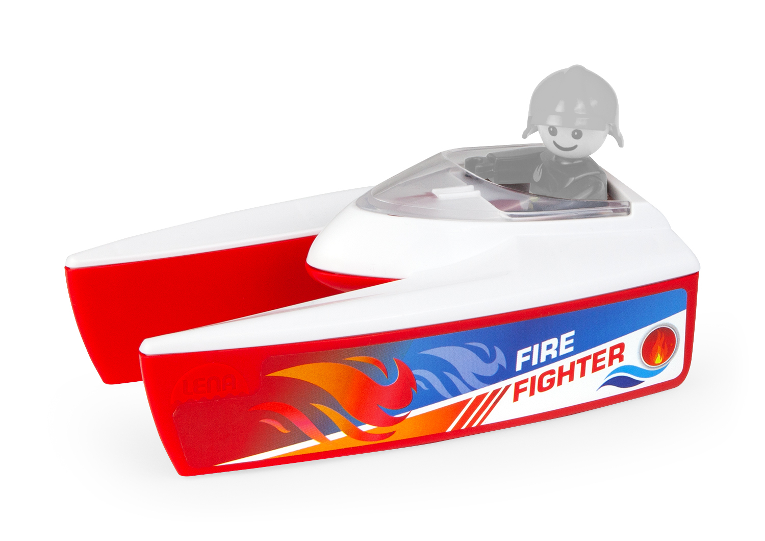 Ein weiß-rotes Spielzeug-Feuerlöschboot mit einem durchsichtigen Cockpit und einer grauen Spielfigur, auf weißem Hintergrund.