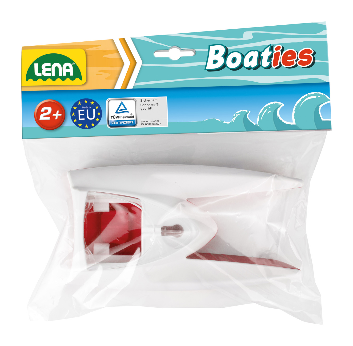 Verpackung für LENA Boaties Spielzeugboot, weiß und rot, ab 2 Jahren.