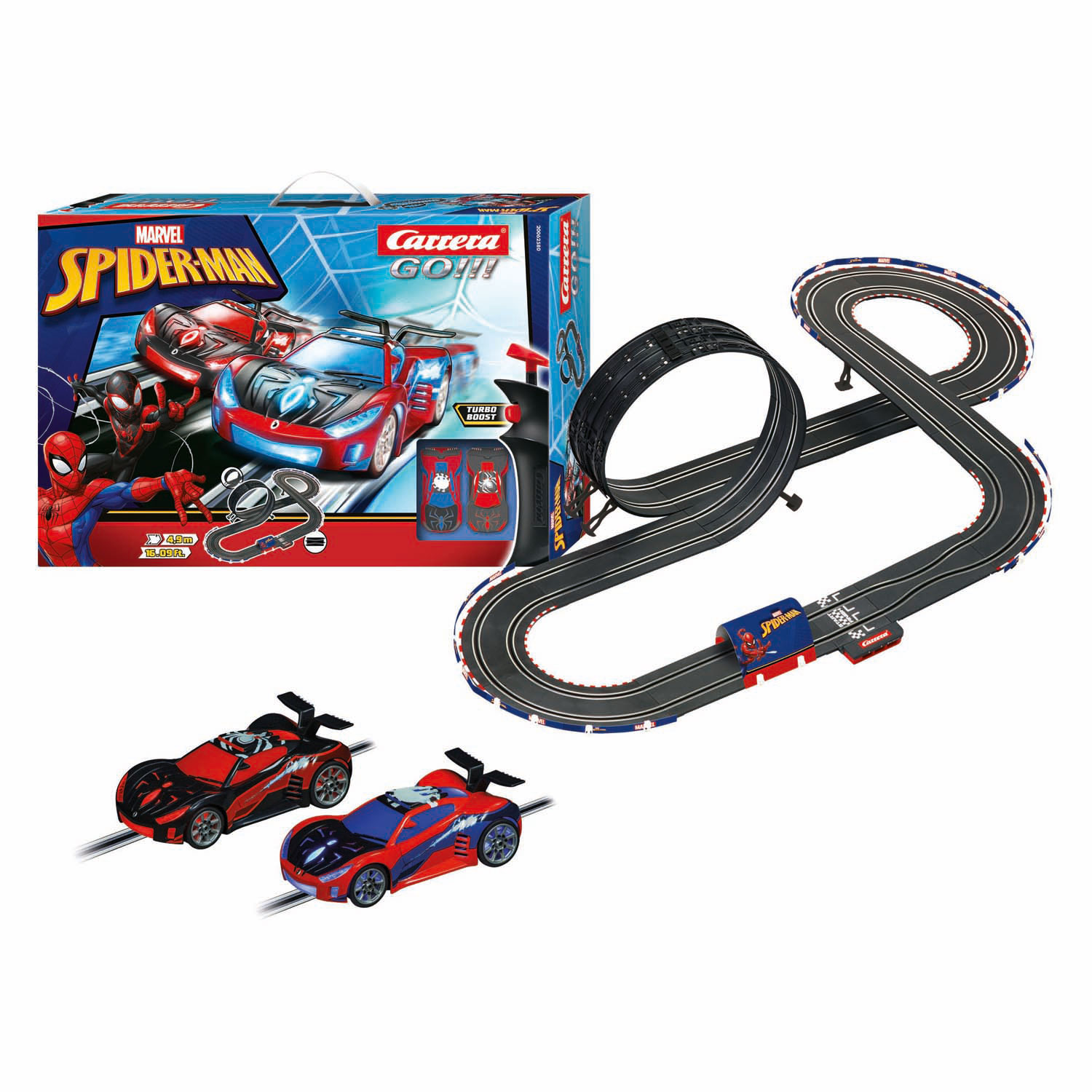 Ein Carrera GO!!! Spider-Man Slotcar-Rennset mit einer Rennstrecke, zwei Autos und der Produktverpackung.