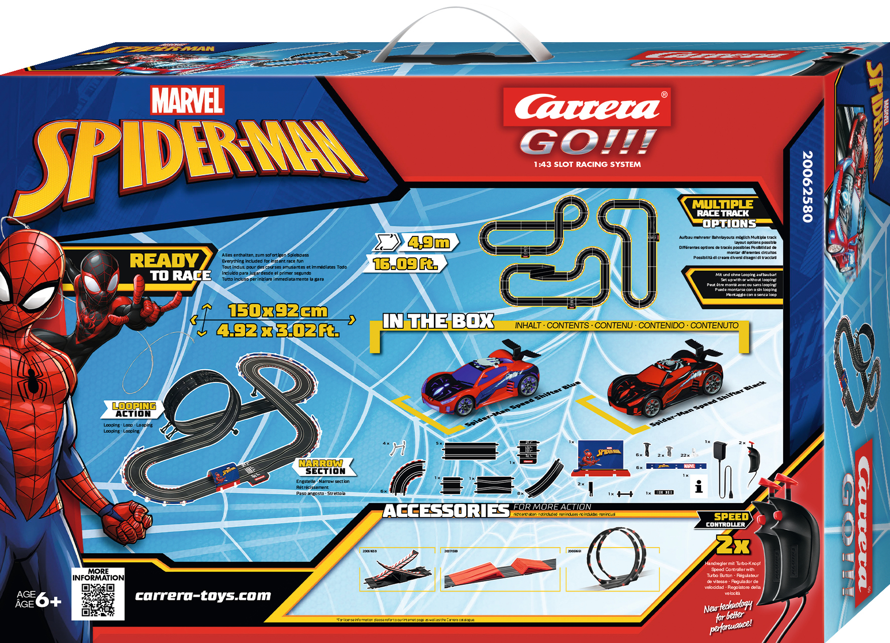 Spiderman Carrera Go! Autorennbahn-Set mit zwei Autos, Strecken und Zubehör.