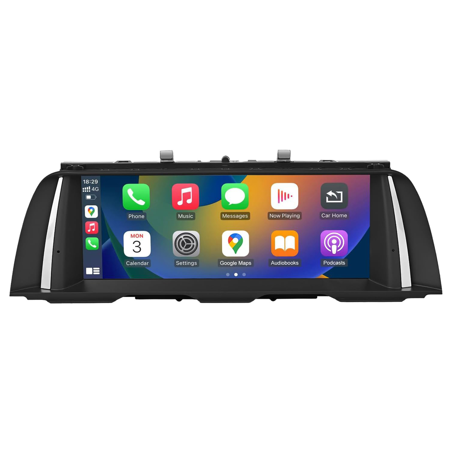 Auto-Infotainment-Bildschirm mit Apps: Telefon, Musik, Nachrichten, Wiedergabe, Auto-Start, Kalender, Einstellungen, Google Maps, Hörbücher, Podcasts.