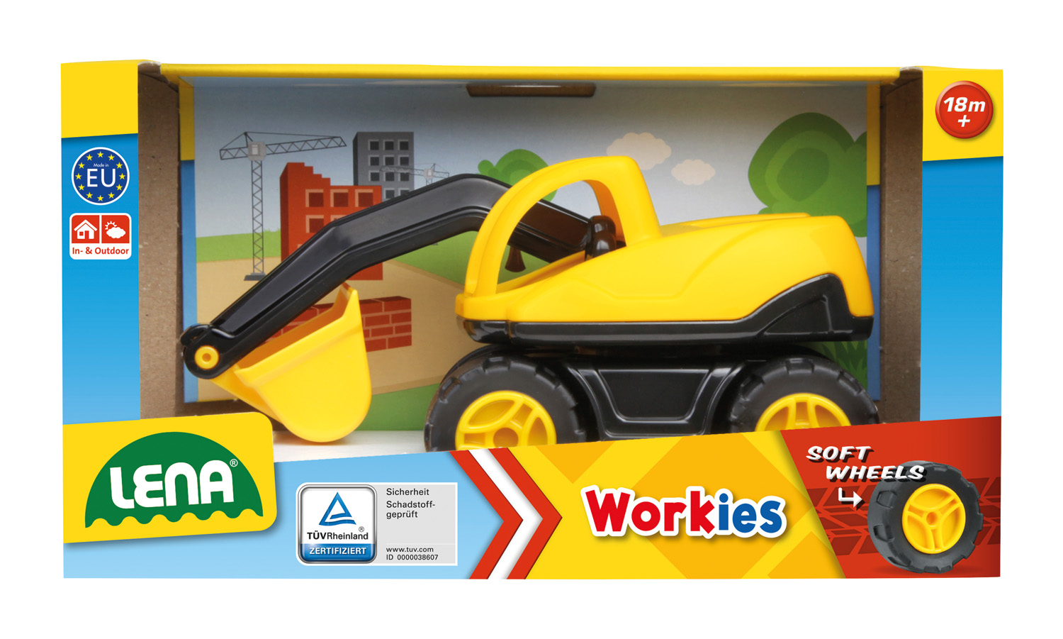 Gelber Spielzeugbagger in einer Verpackung mit Baustellenmotiv und 