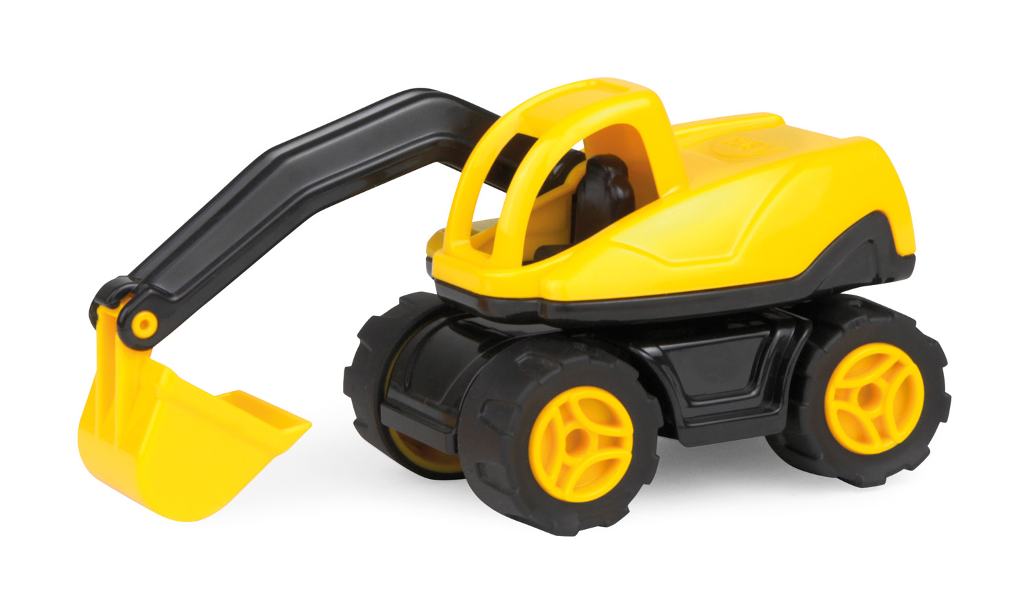 Gelber Spielzeugbagger mit schwarzem Arm und Rädern auf weißem Hintergrund.