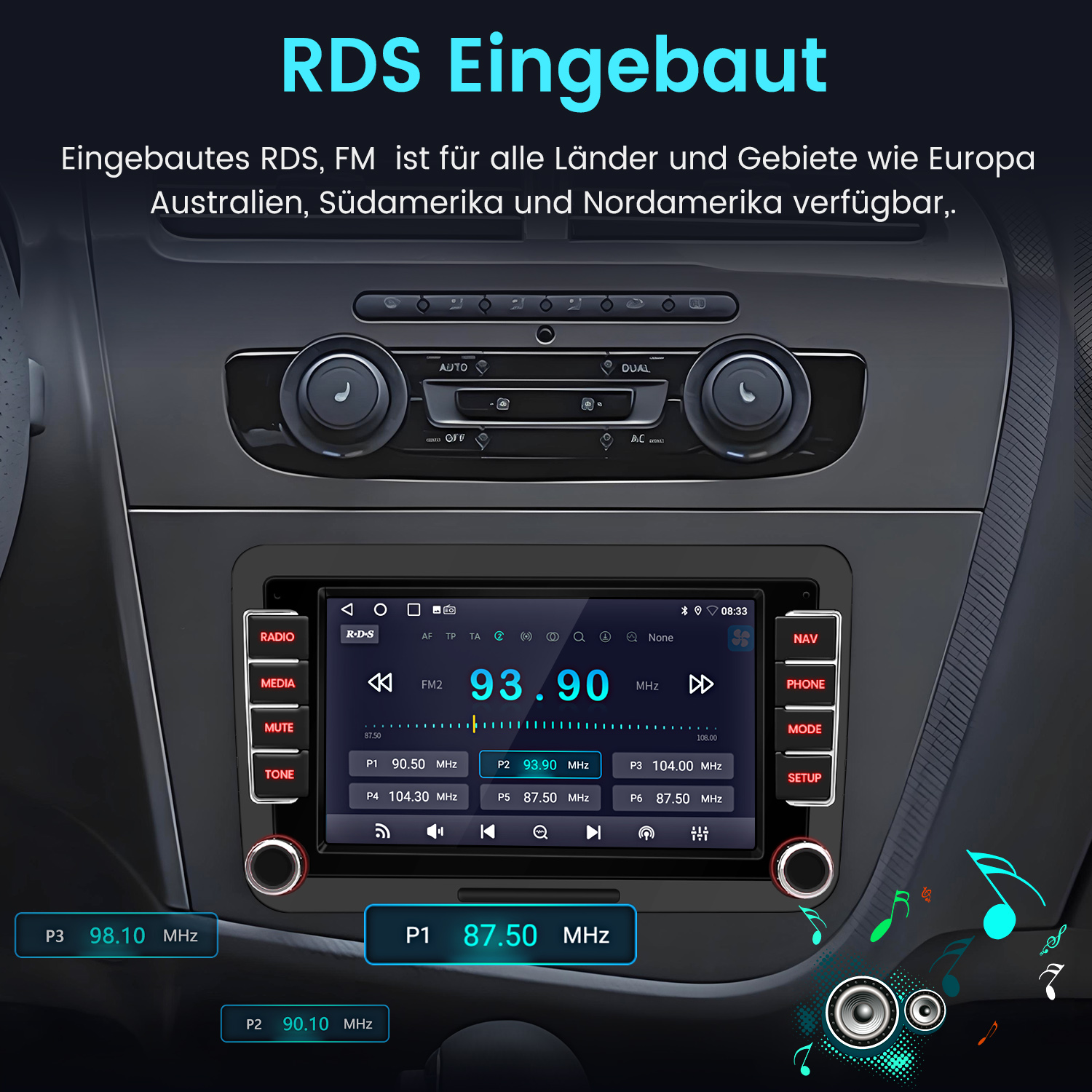 Ein Autoradio-Touchscreen zeigt FM2 93.90 MHz mit Sender-Presets.