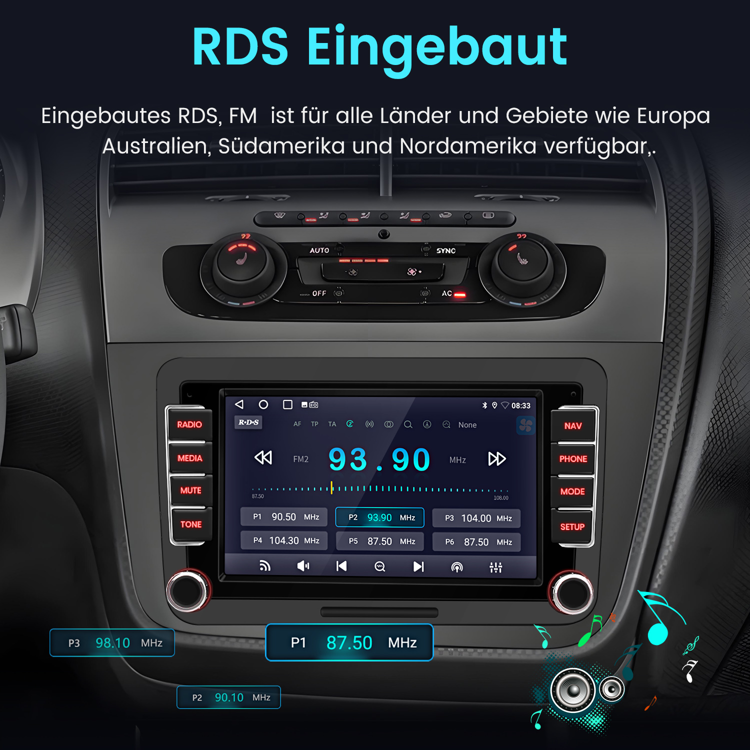 Einbau-RDS-FM-Autoradio mit Touchscreen, zeigt Sender und Frequenzen an.