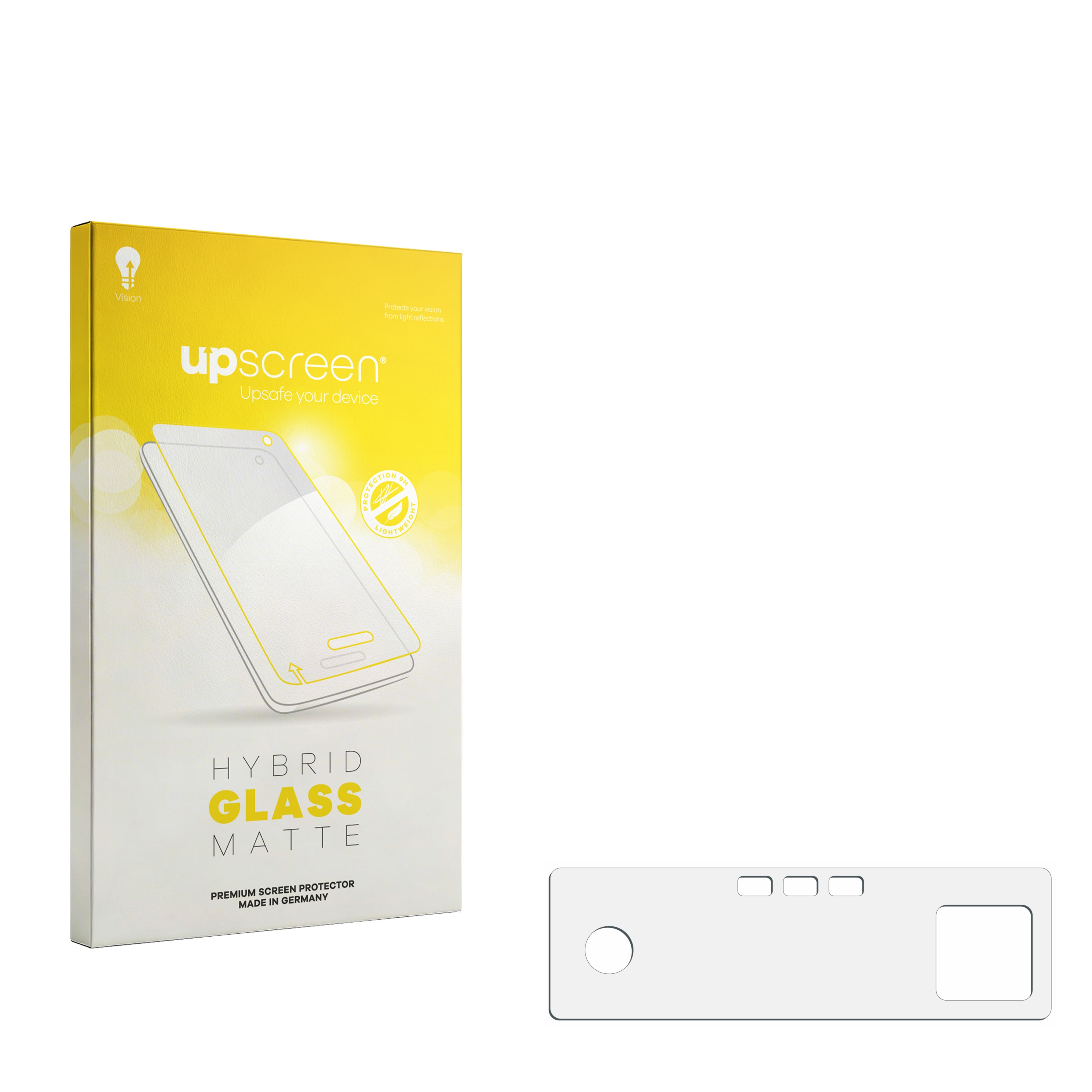 Gelbe Verpackung für Displayschutzfolie mit Handy-Abbildung und weißem Displayschutz.