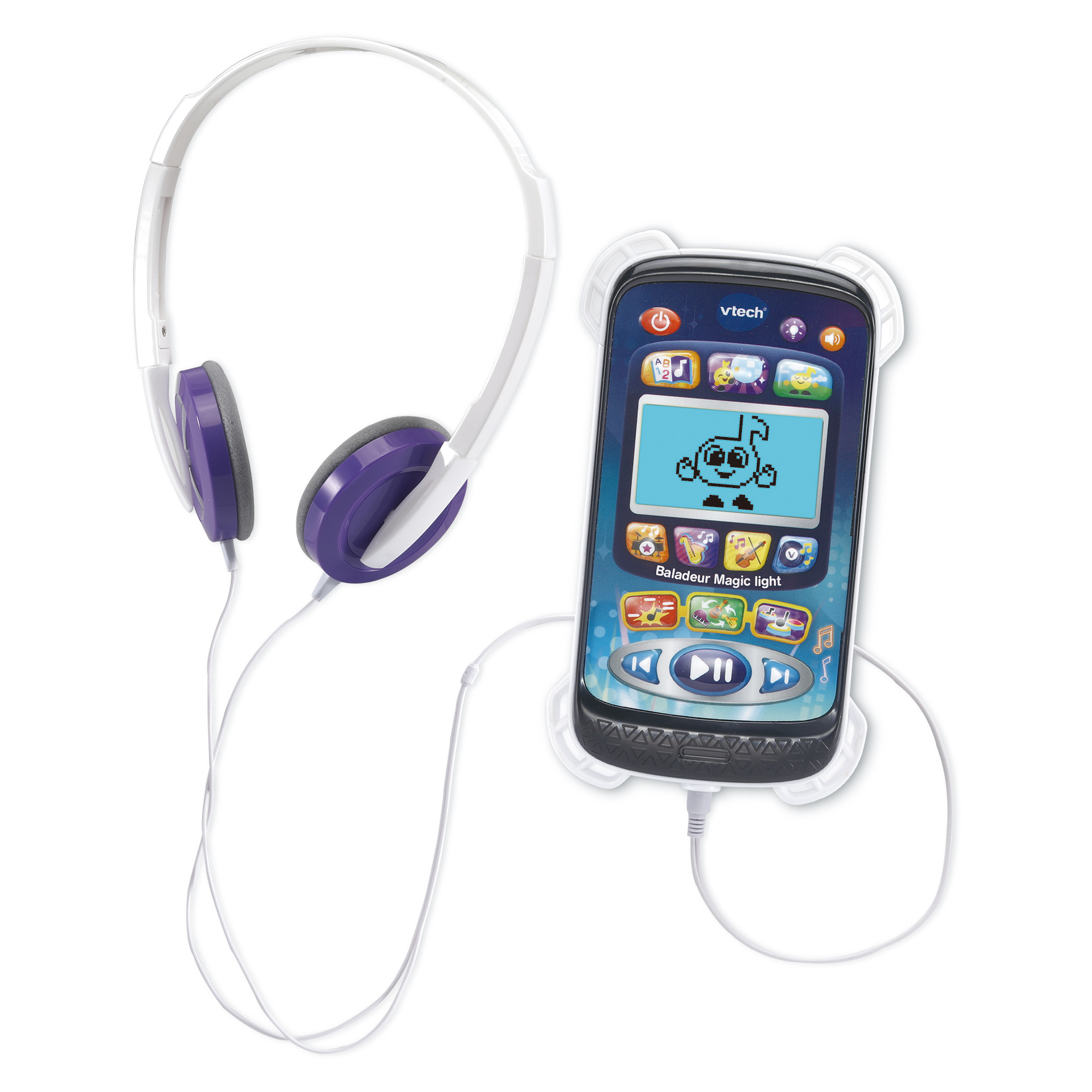 Weiße Kopfhörer mit lila Ohrmuscheln neben einem Vtech Spielzeughandy.