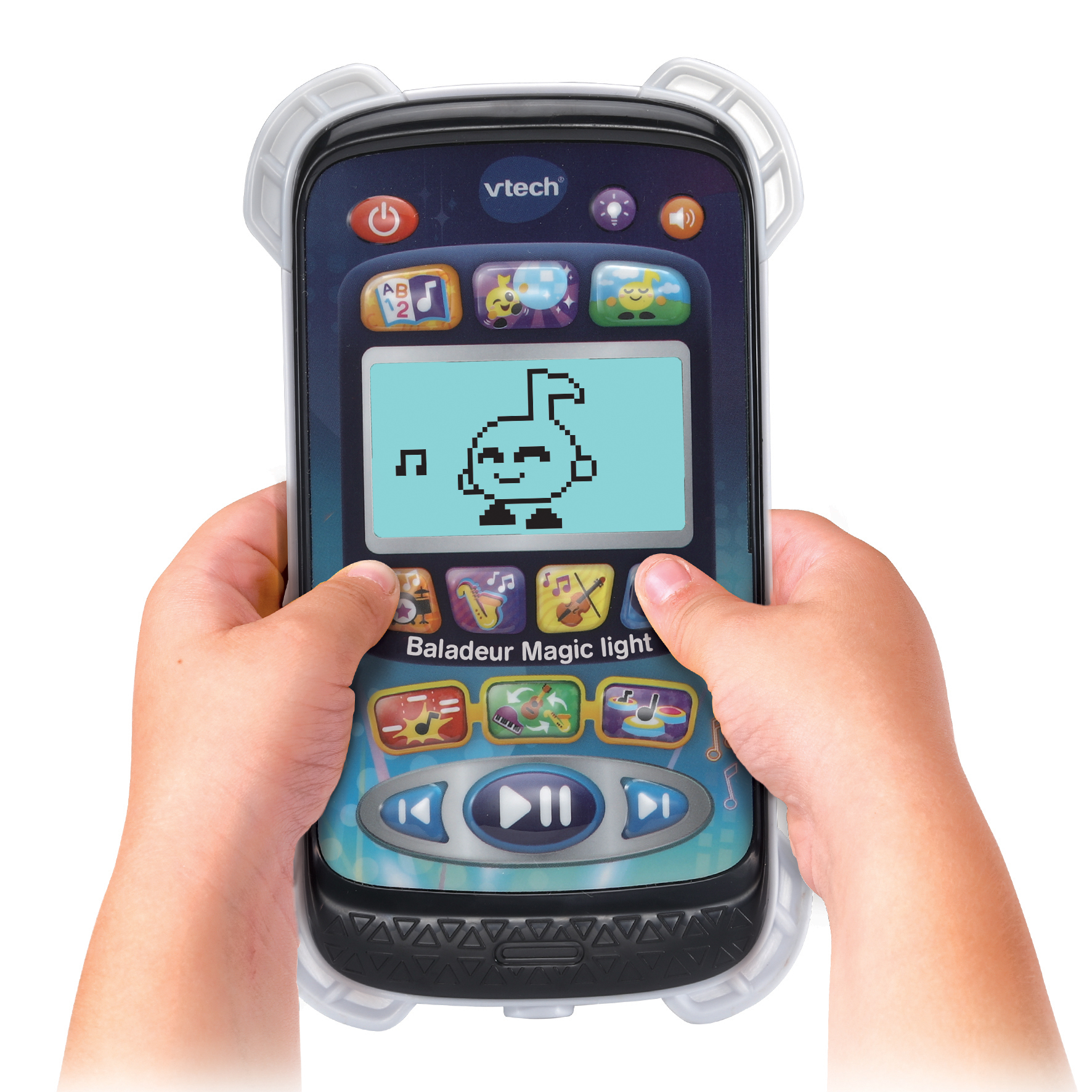 Kind hält ein Vtech Spielzeughandy mit Pixelgrafik und farbigen Tasten.