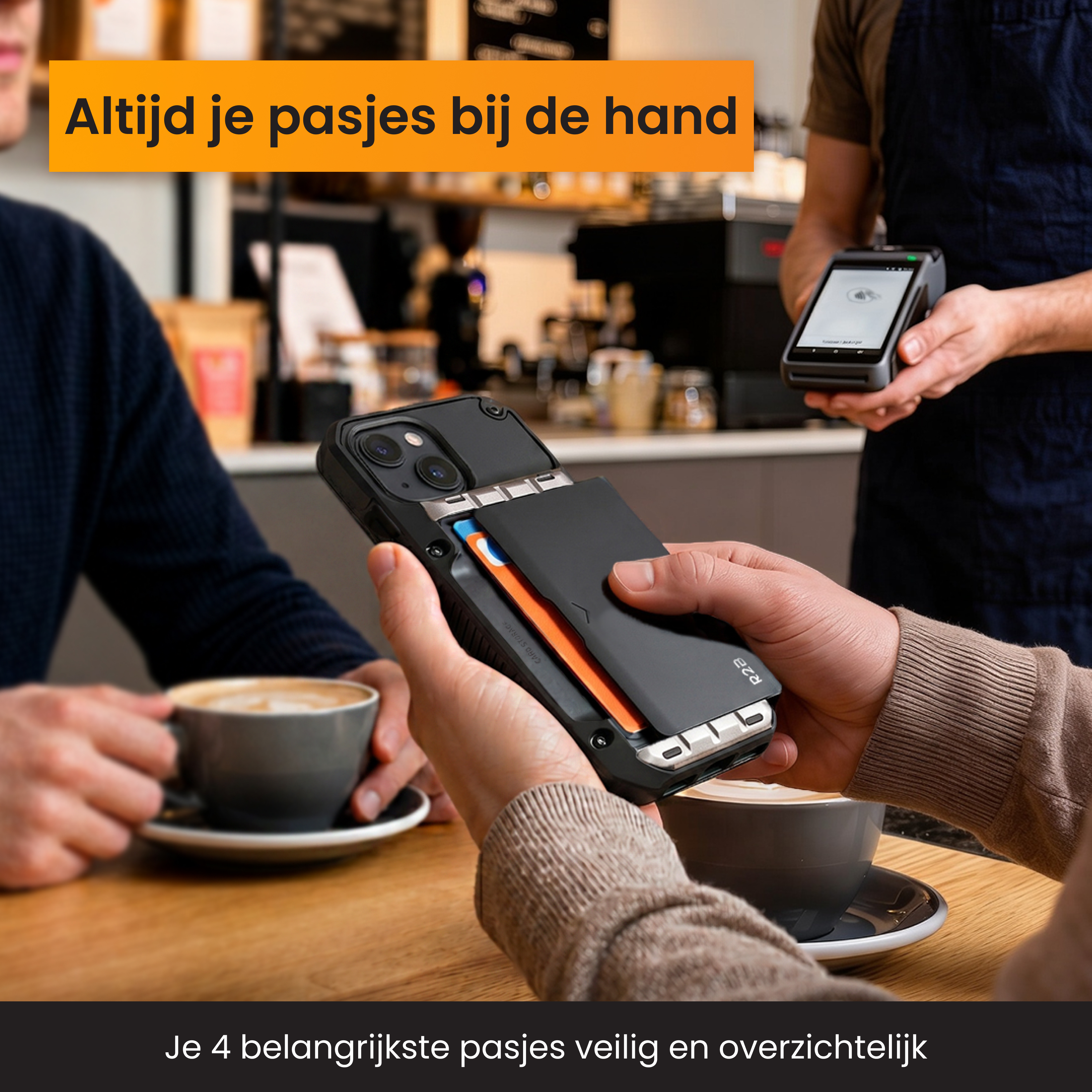 Person hält ein Handy mit Kartenfach in einem Café. Ein Kassierer hält ein Terminal.
