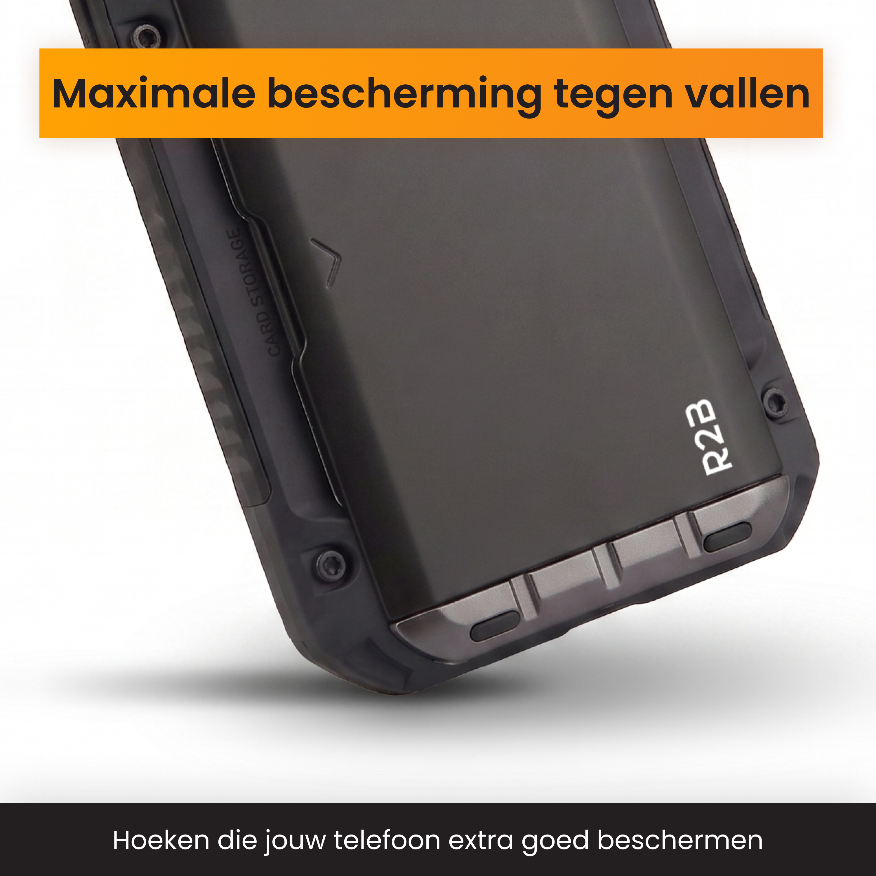 Black phone case with orange text 'Maximum protection against falls'.