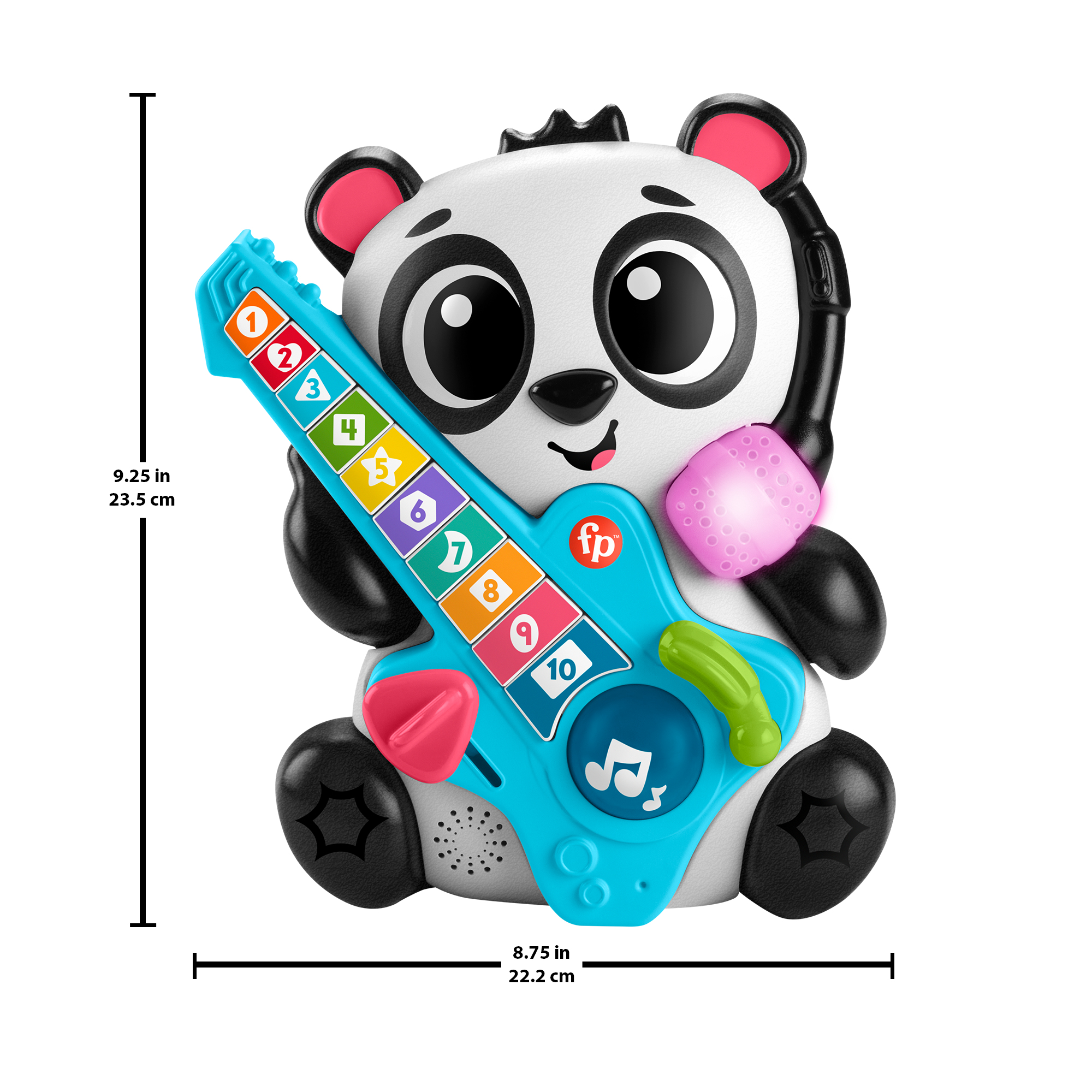 Ein Panda-Spielzeug hält eine blaue Gitarre mit Zahlen- und Formtasten.