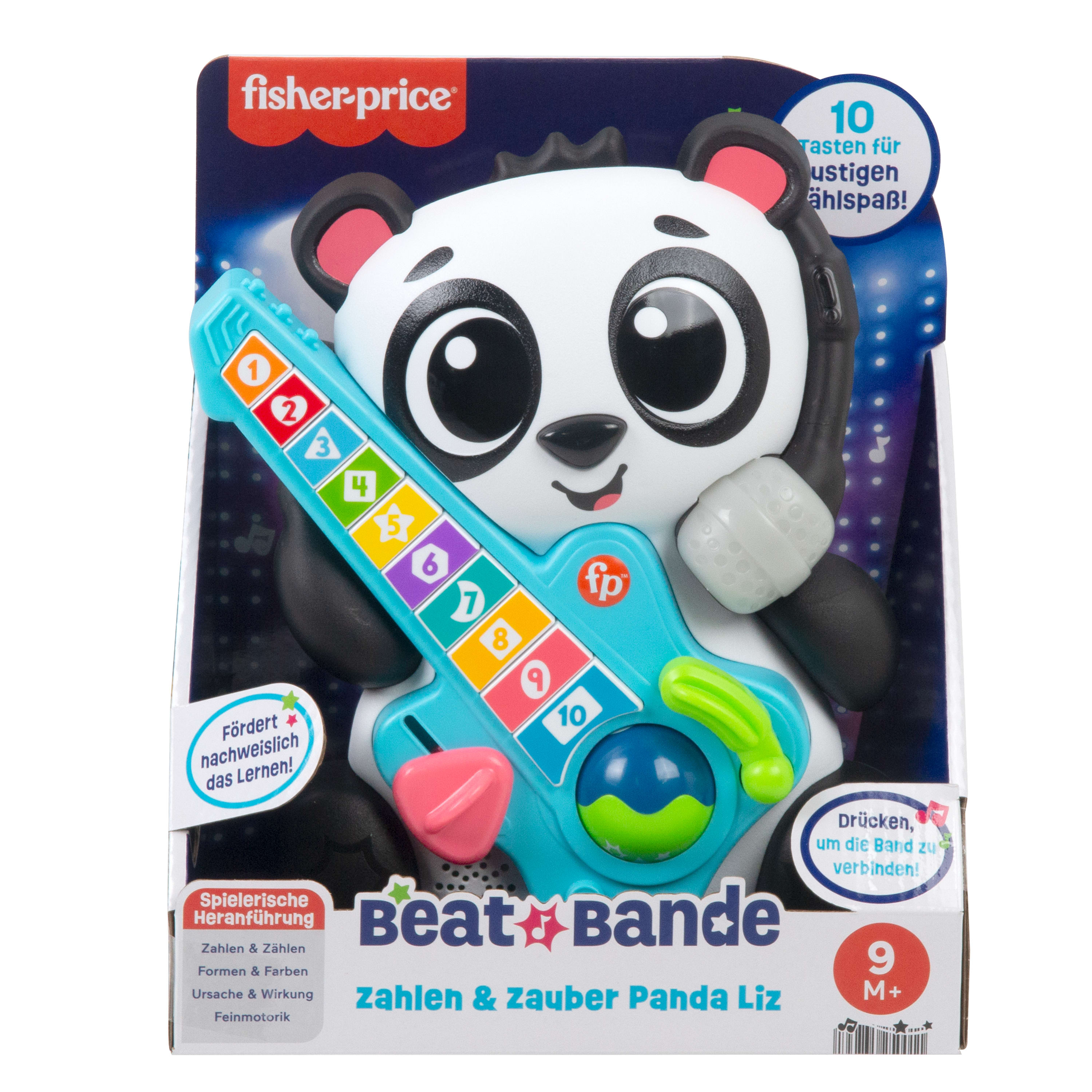 Fisher-Price Zähl- und Zauber Panda Liz Spielzeuggitarre mit bunten Tasten und Lerninhalten.