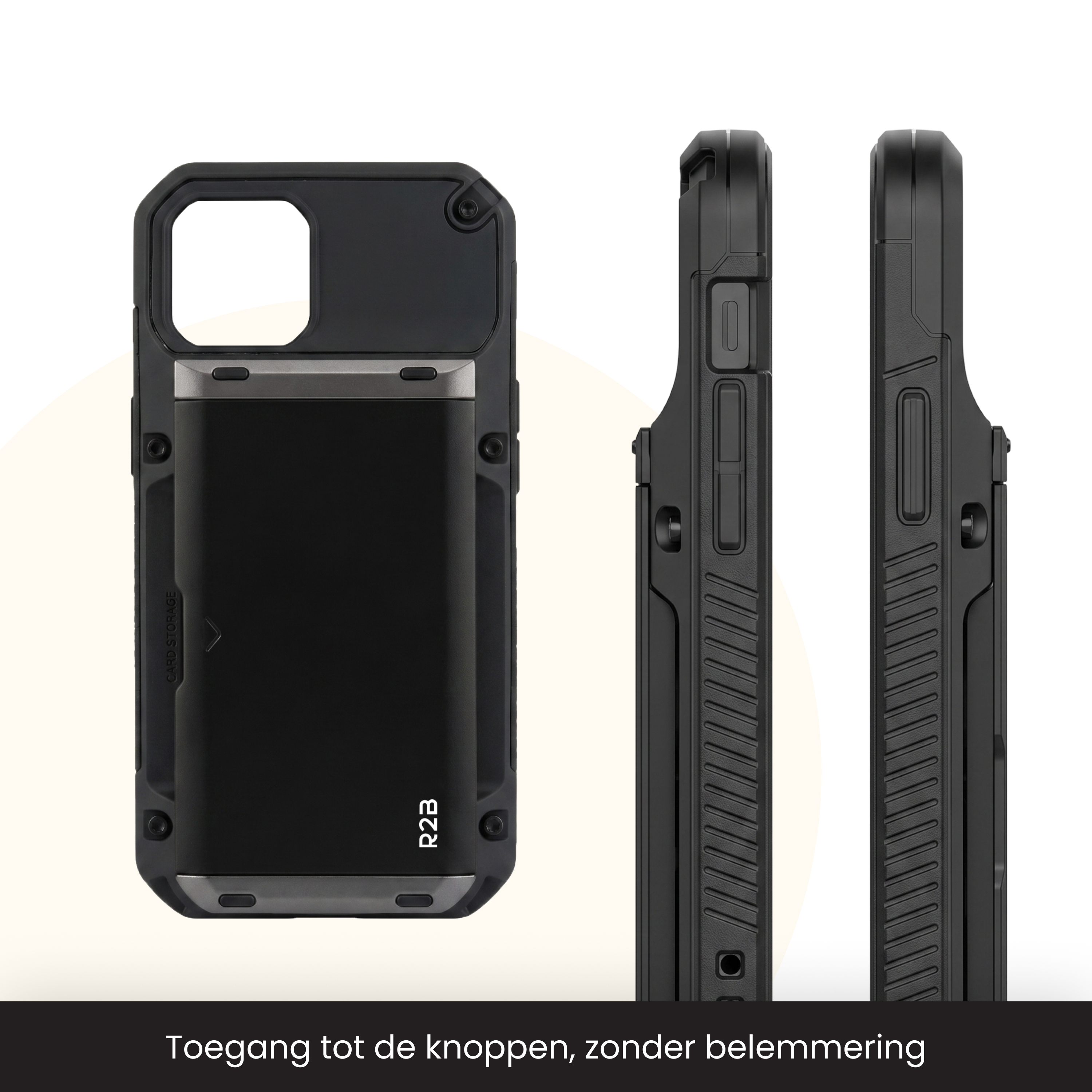 Coque de téléphone noire avec fente pour carte et vues latérales, logo R2B.