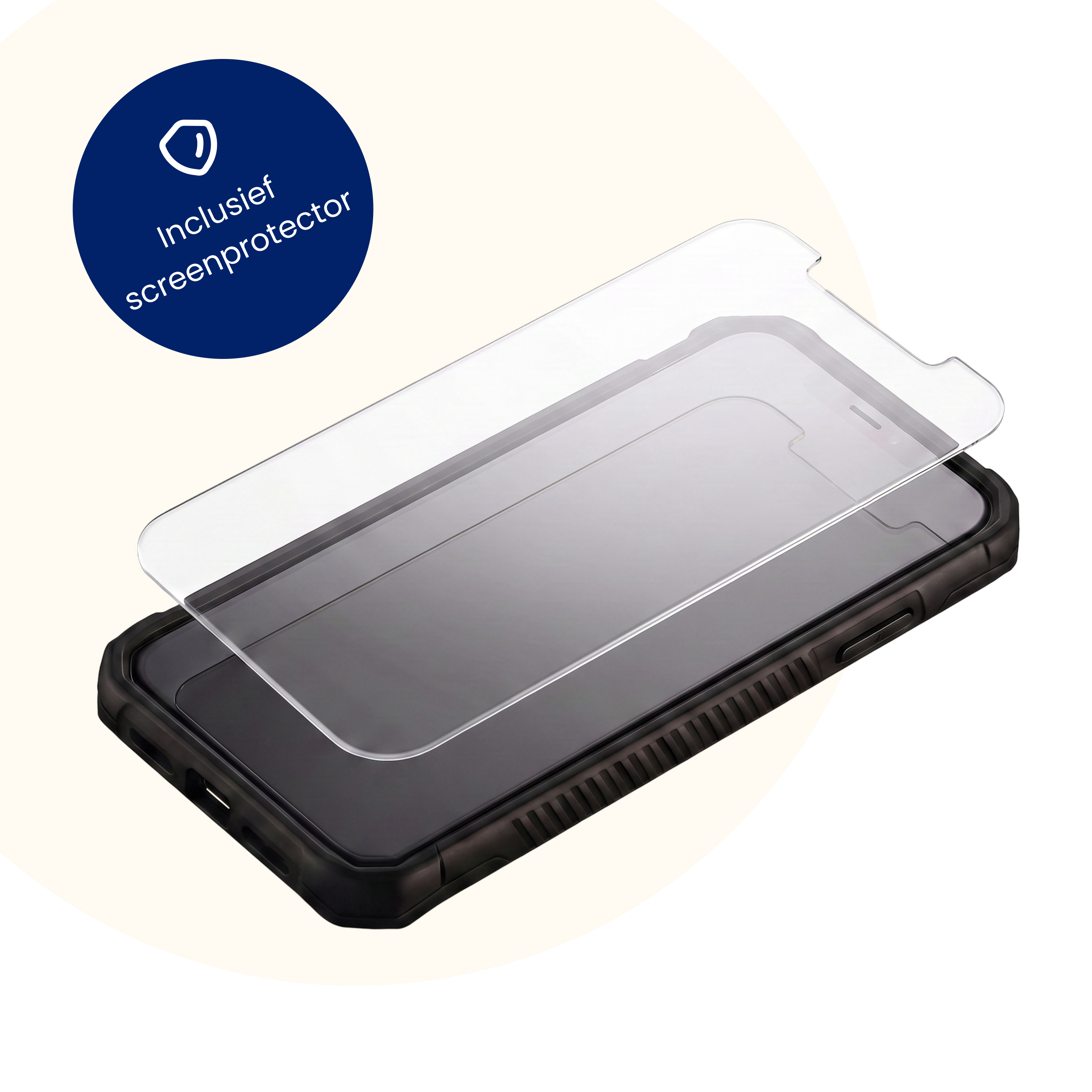 Ein Smartphone mit schwarzem Gehäuse und einer aufgesetzten Displayschutzfolie.