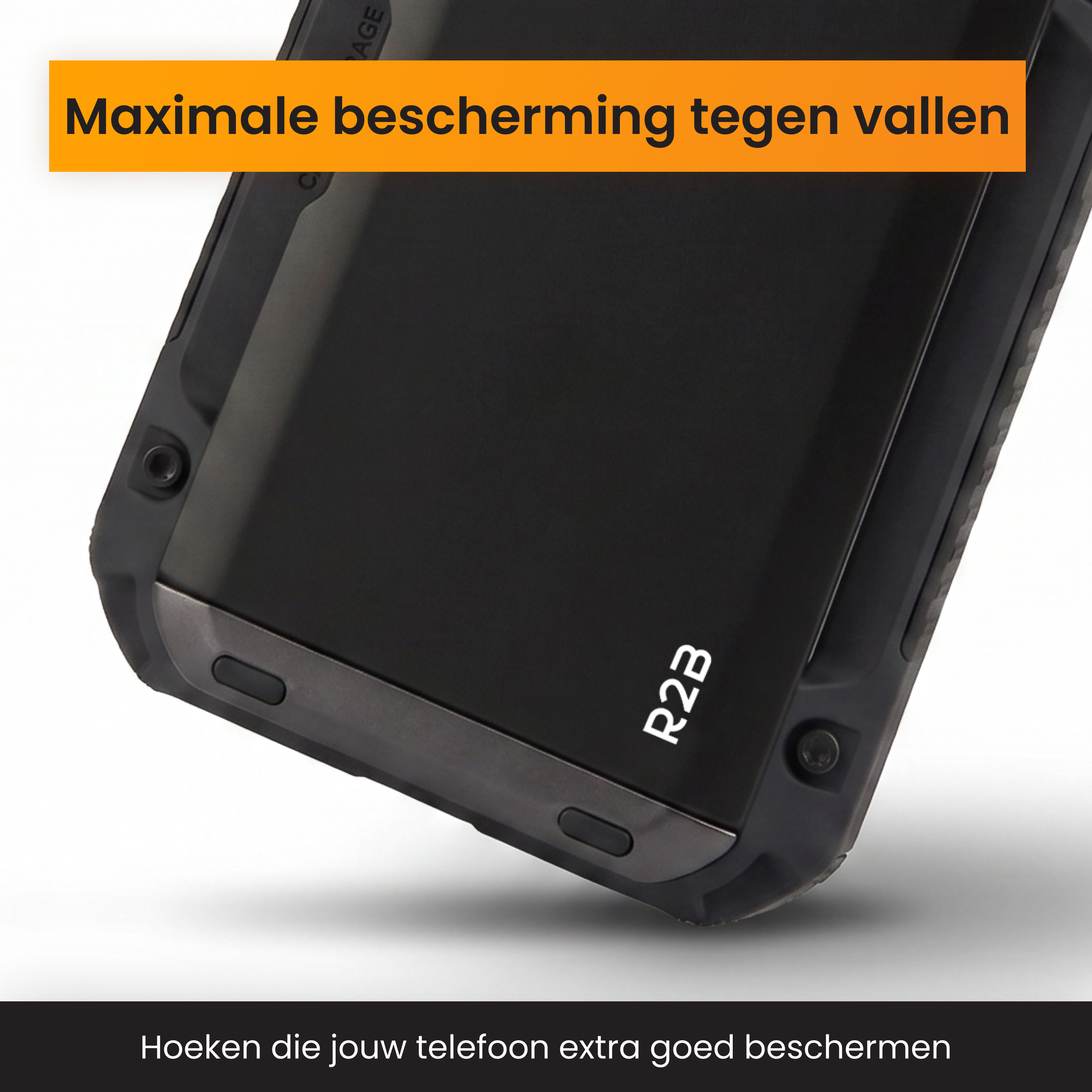 Coque de téléphone noire avec texte orange 'Maximale Bescherming'.