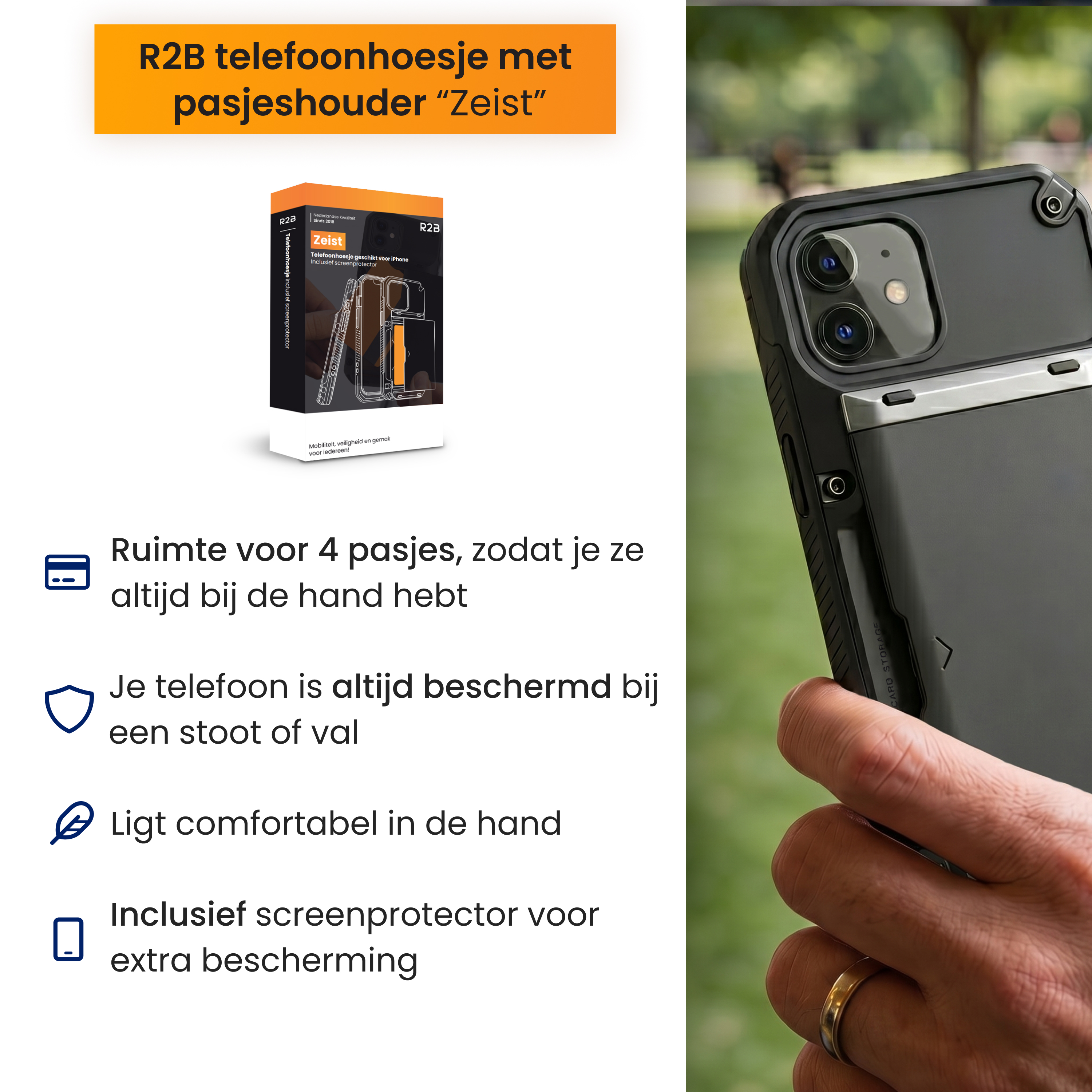 Coque noire pour iPhone avec porte-cartes et protection d'écran.