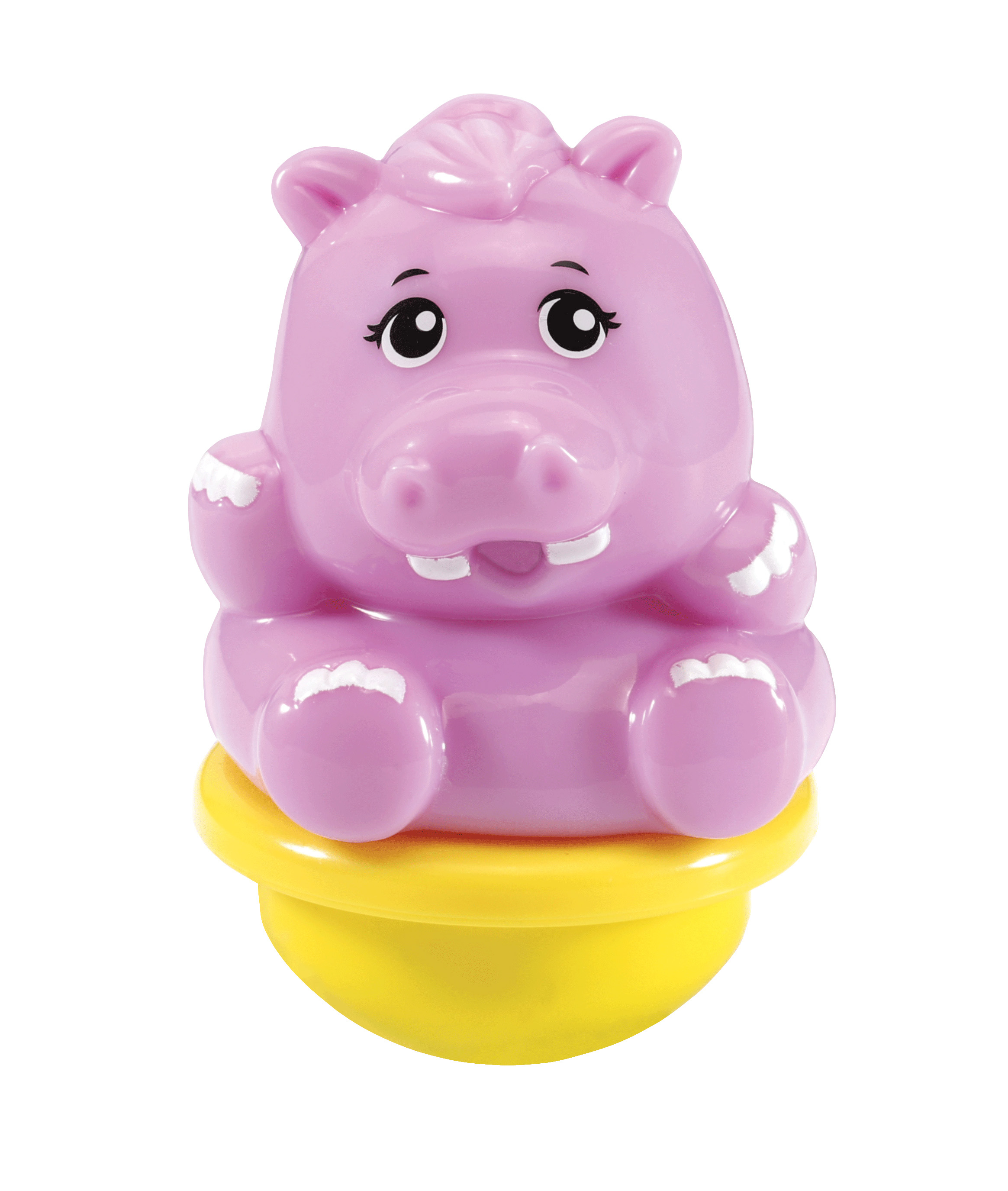 Eine aufrechte, lila Nilpferd-Spielzeugfigur auf einem gelben Sockel.