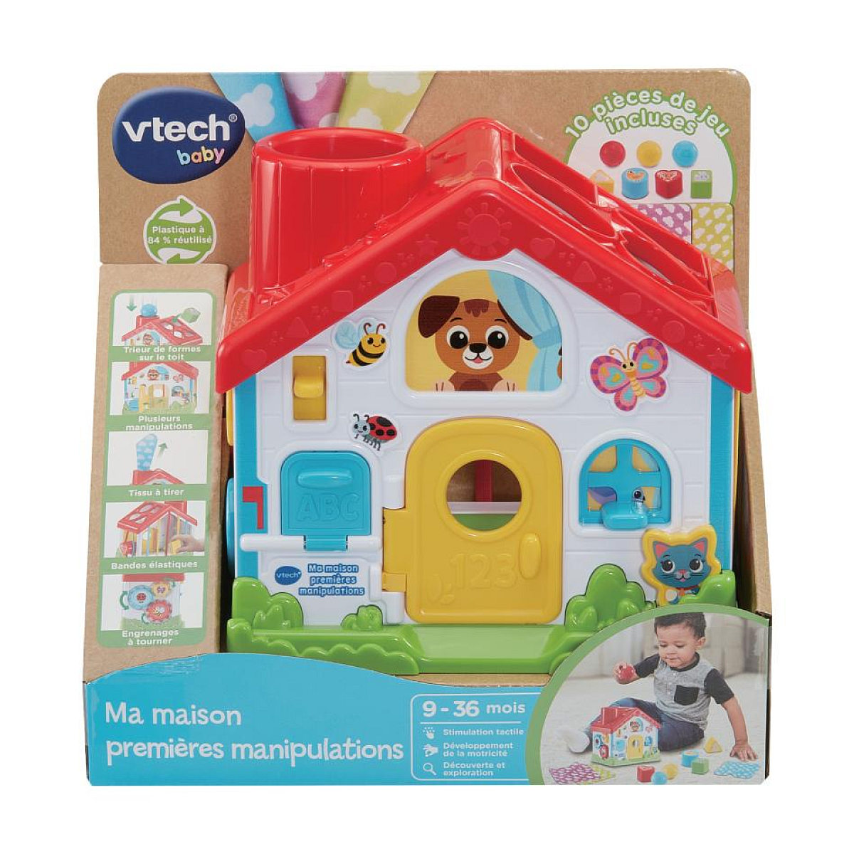 Ein buntes VTech Baby Spielzeughaus mit Tieren, Türen und Fenstern.