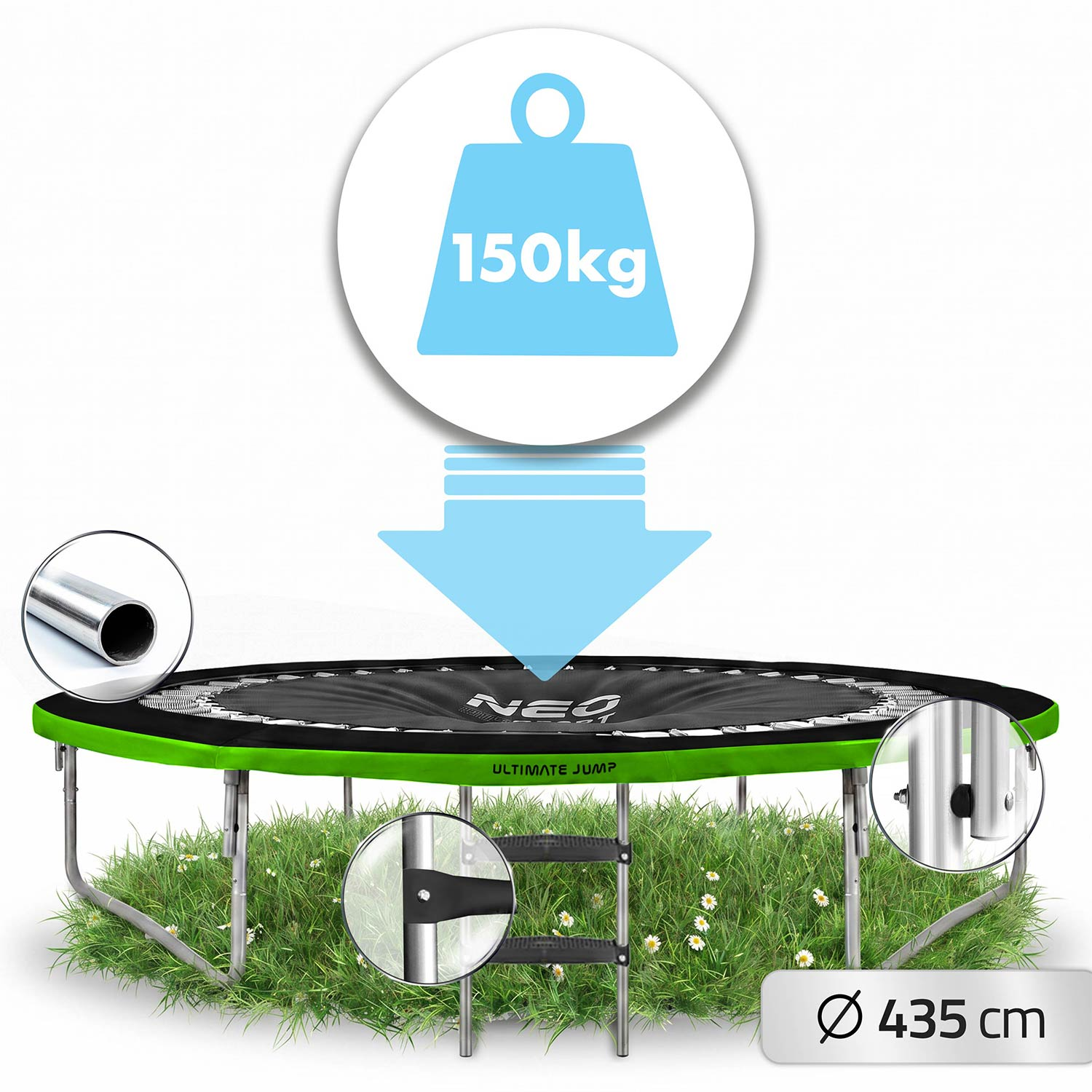 Trampolina 435cm z limitem wagowym 150kg, na trawie.