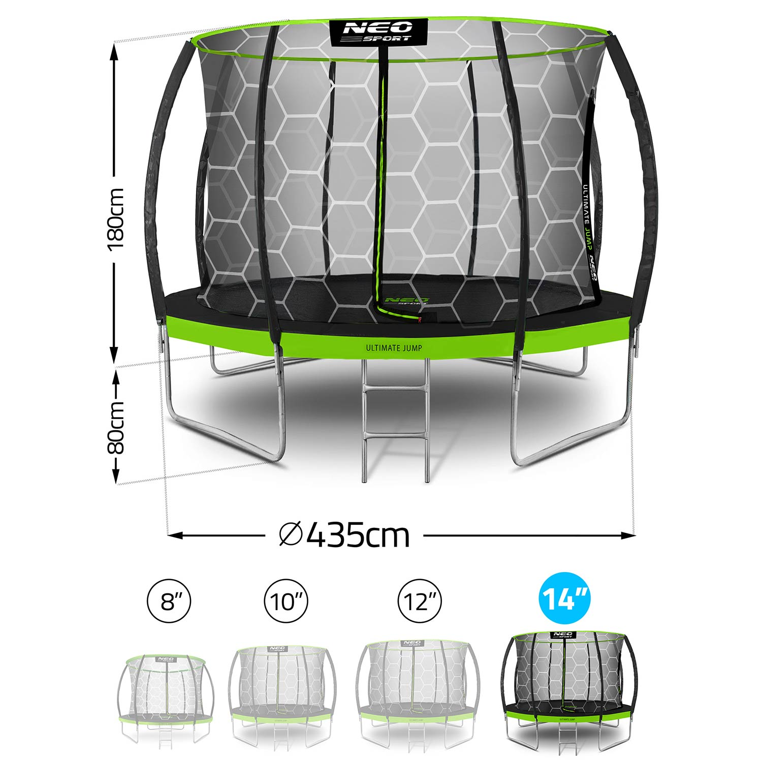 Czarno-zielona trampolina z siatką bezpieczeństwa, pokazująca wymiary 180 cm, 80 cm i średnicę 435 cm.