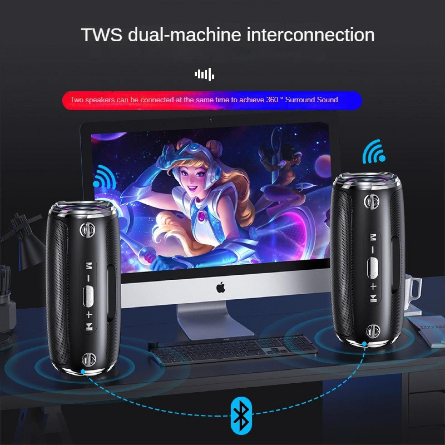 Zwei schwarze Bluetooth-Lautsprecher verbinden sich mit einem Computer, der ein Anime-Bild anzeigt.