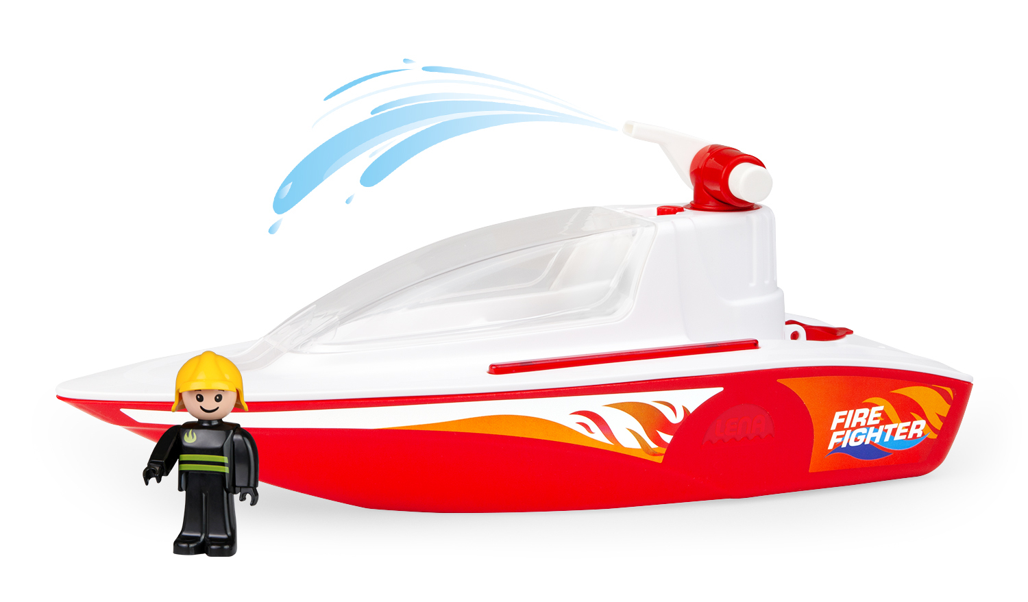 Ein Feuerwehrmann steht neben einem roten und weißen Spielzeugboot mit Wassersprühfunktion.