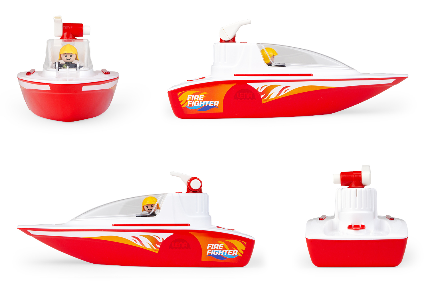 Ein rotes und weißes Spielzeug-Feuerwehrboot mit Flammen-Aufklebern.