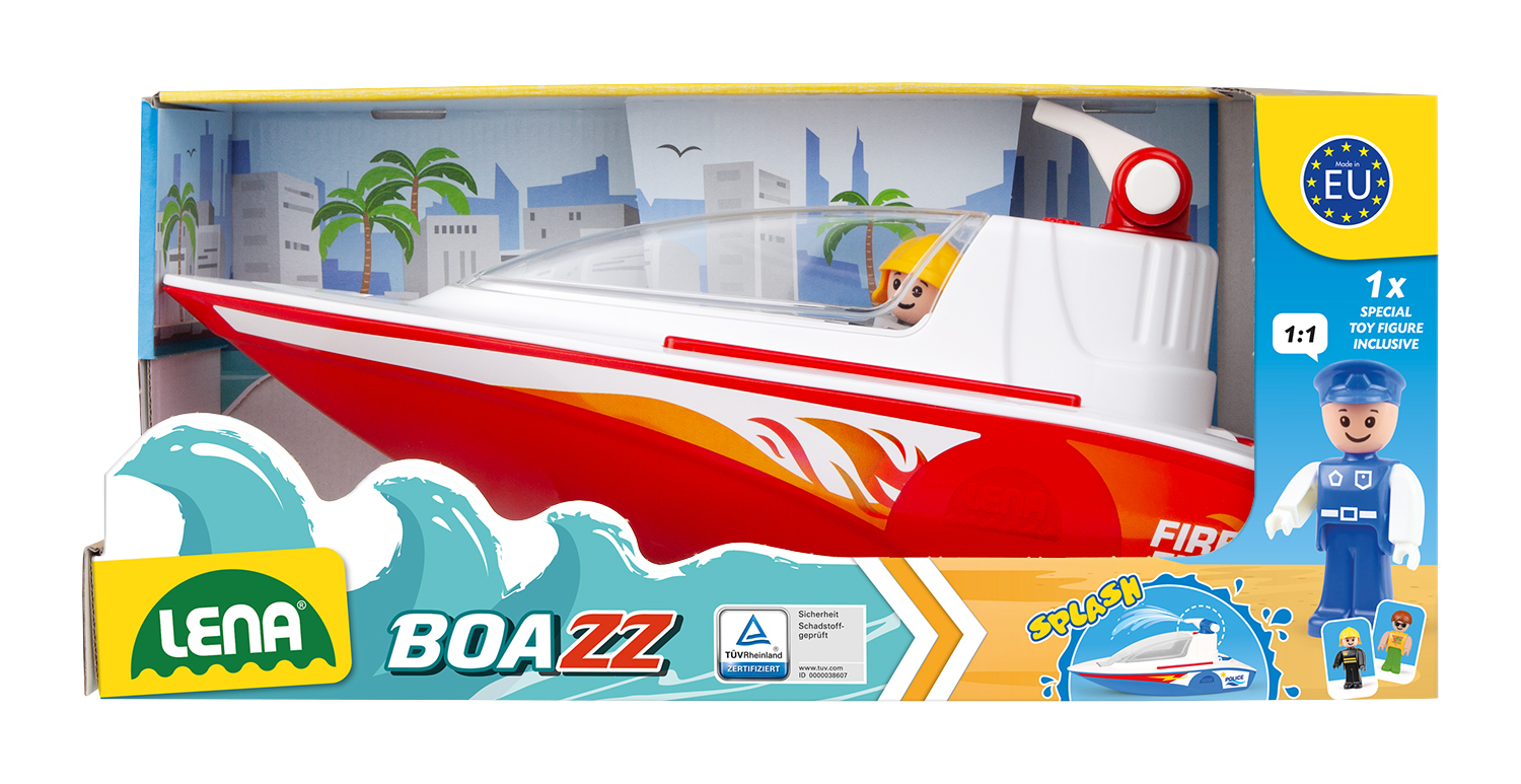 Verpackung eines roten Spielzeug-Speedboots mit Flammen-Design und Zubehör.