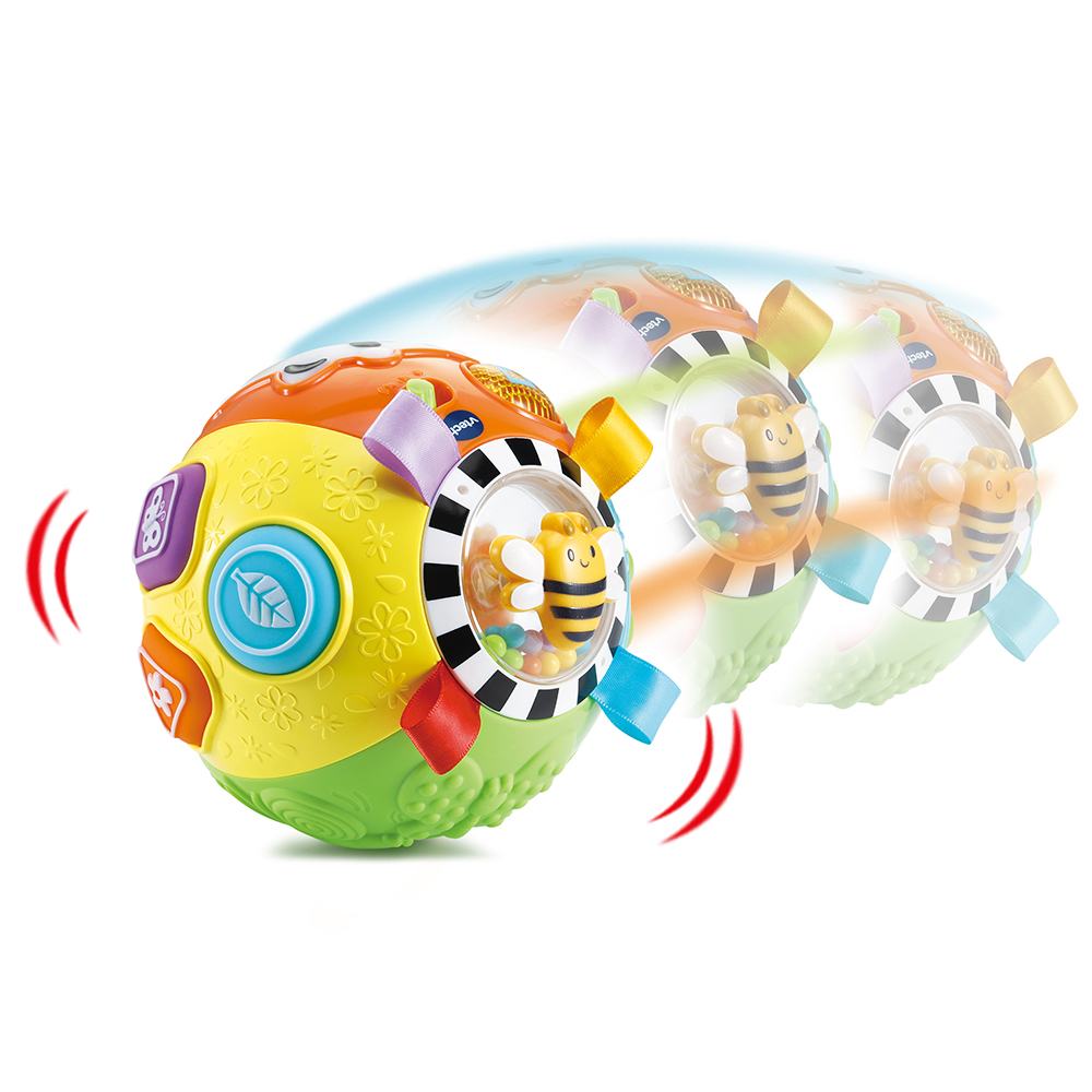 Ein bunter Spielball mit einer Biene im Inneren, der sich dreht.