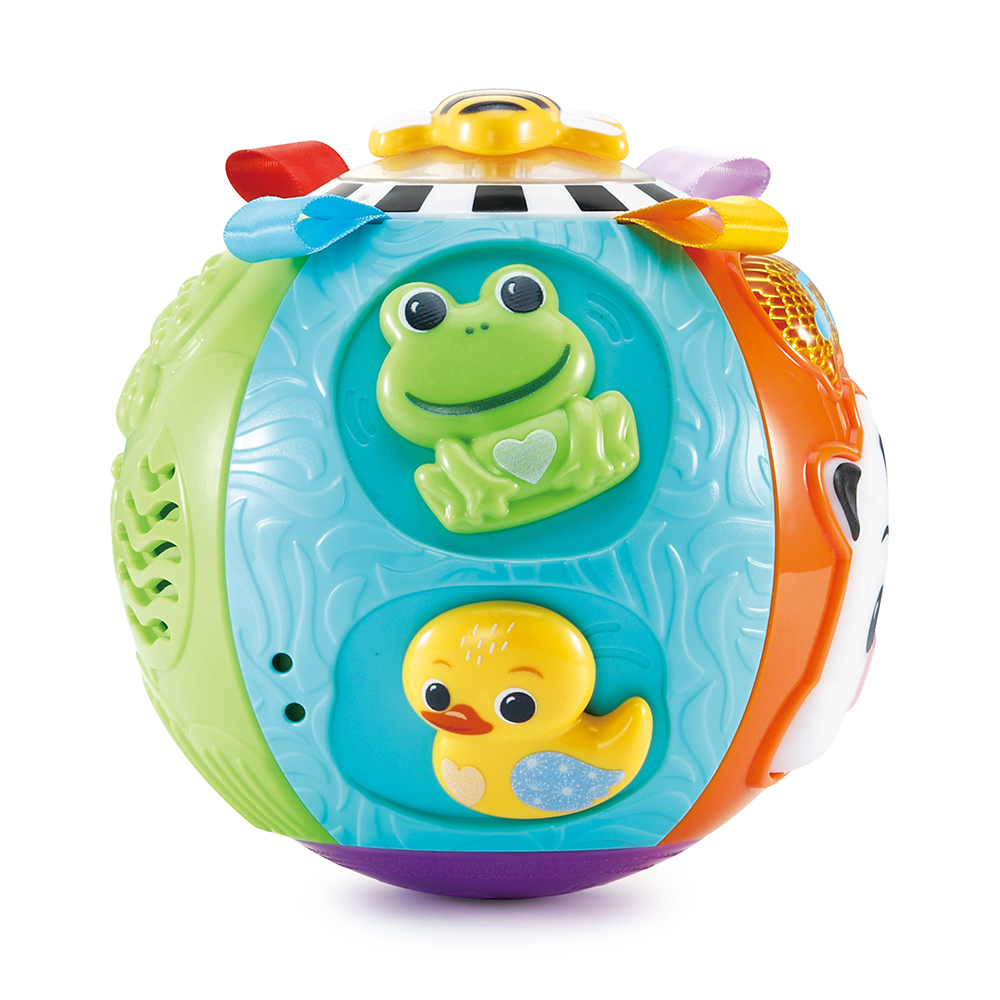 Ein bunter Baby-Spielball mit Frosch-, Enten- und Bienenmotiv.