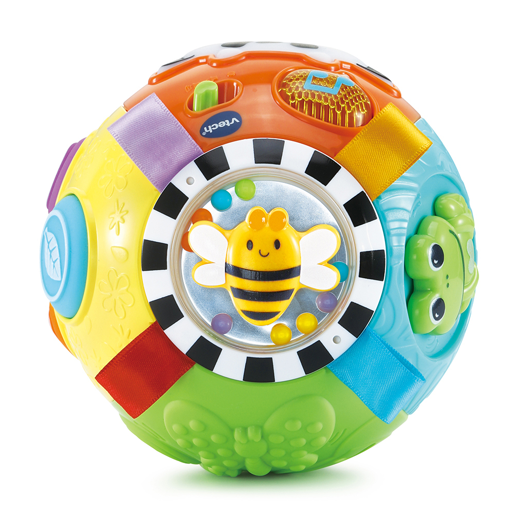 Ein buntes Baby-Spielzeugball mit einer Biene, einem Frosch und Bändern.