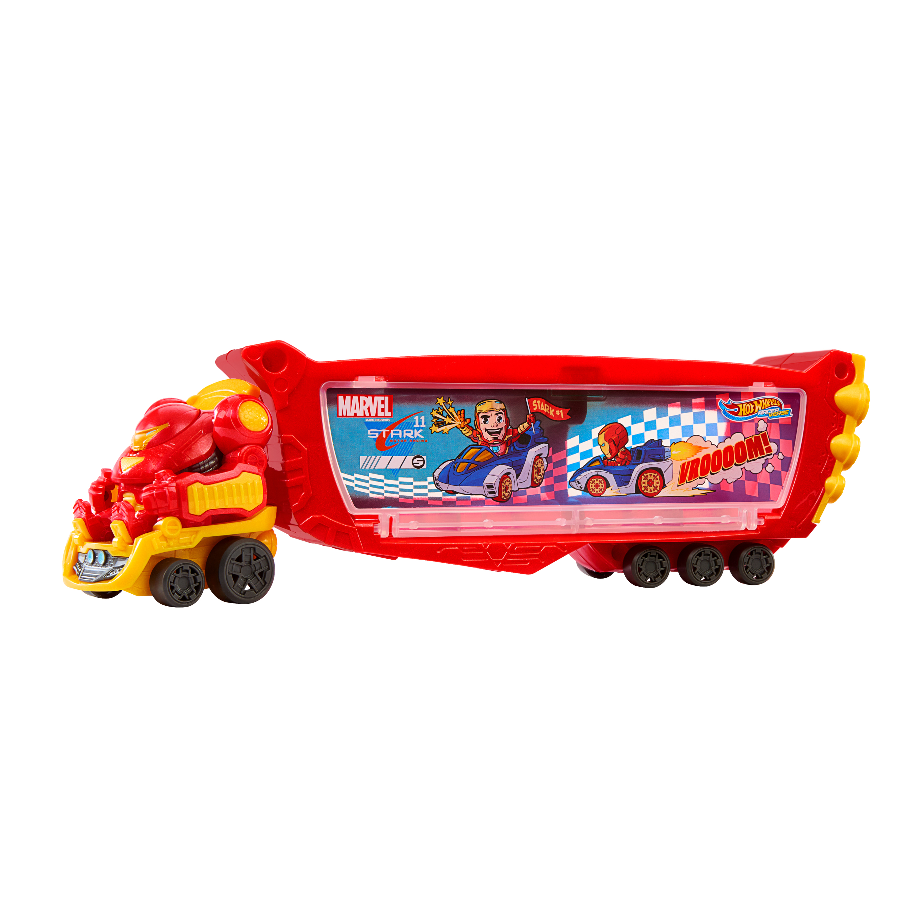 Un camión de juguete rojo con gráficos de Marvel y Hot Wheels, con forma de Iron Man.