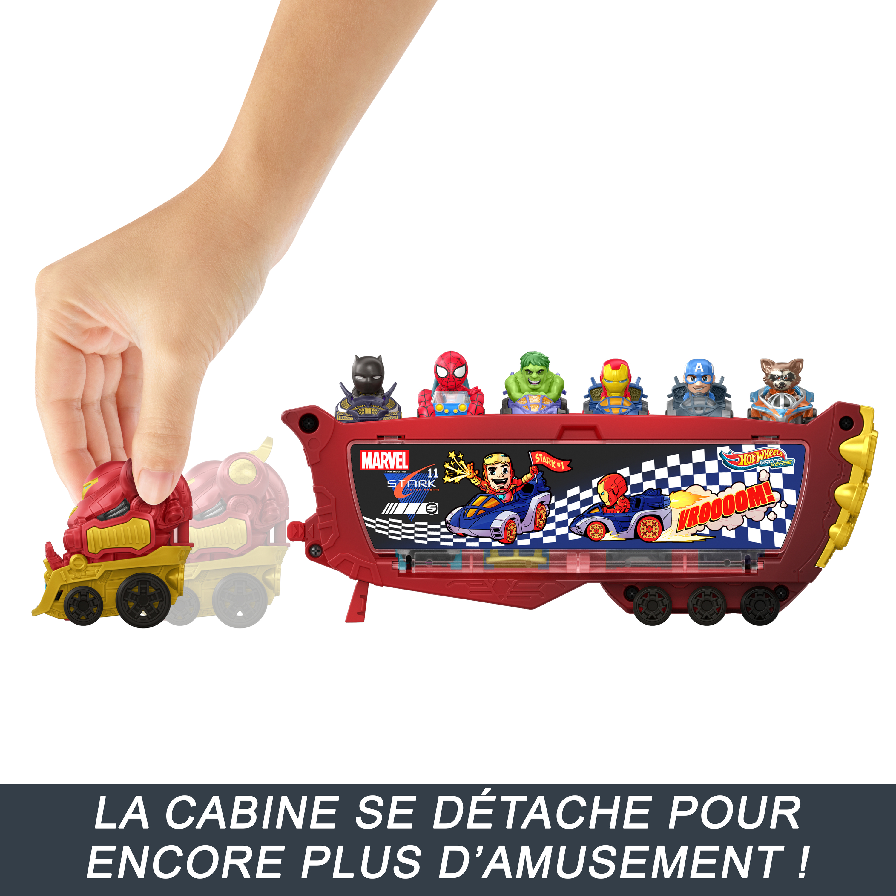 Un tren rojo con figuras de Marvel y una cabeza de tren roja y dorada que se separa.