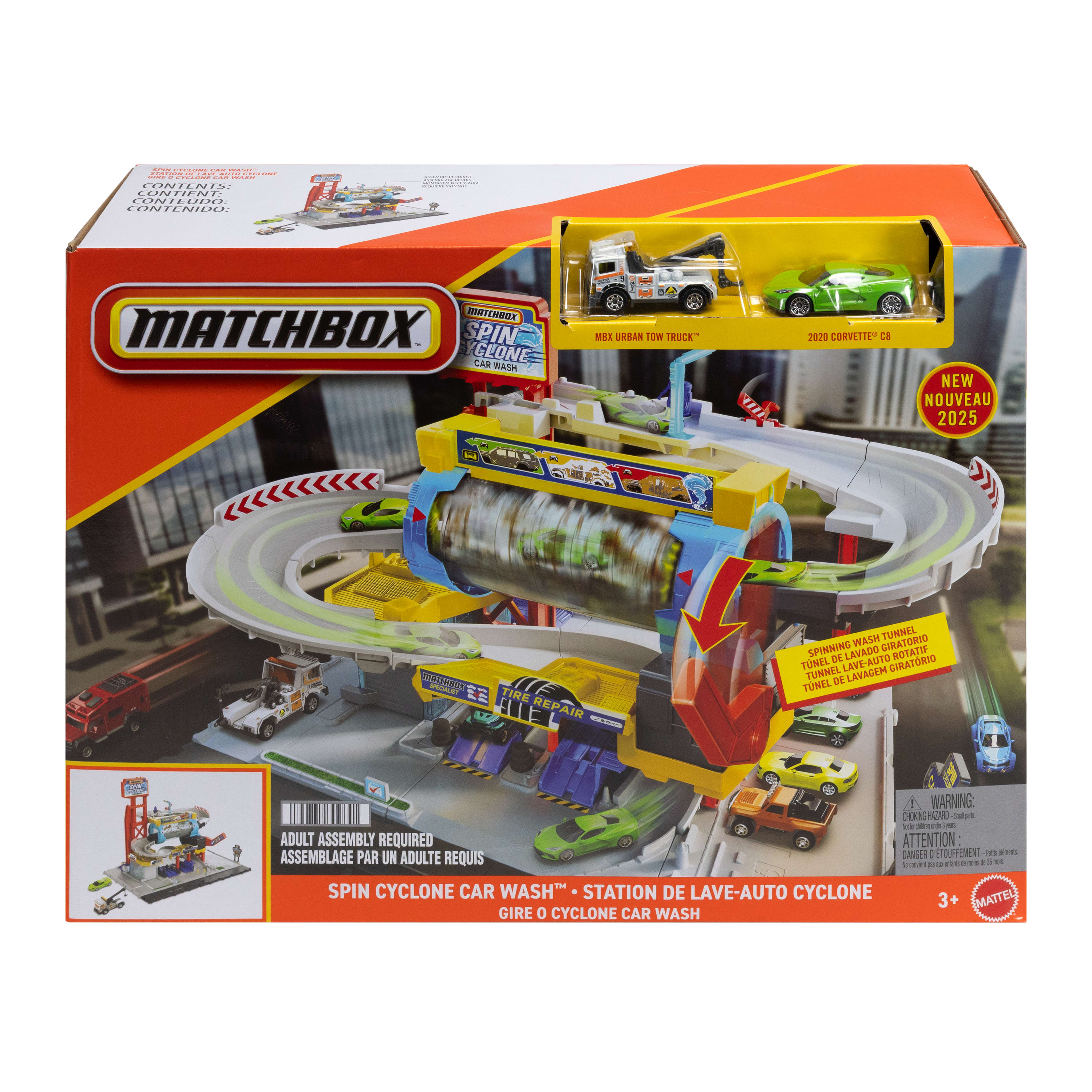 Matchbox Spin Cyclone Car Wash Spielzeug mit Autos und LKW auf der Verpackung.