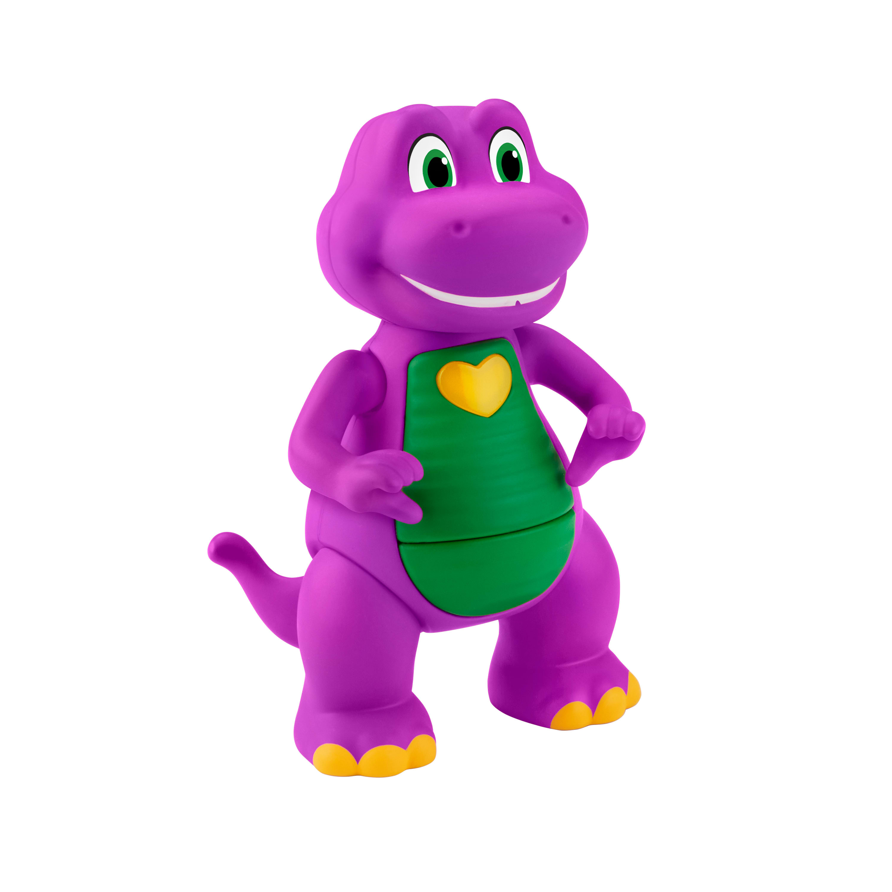 Eine lila Dinosaurier-Figur mit grüner Brust und gelbem Herz.