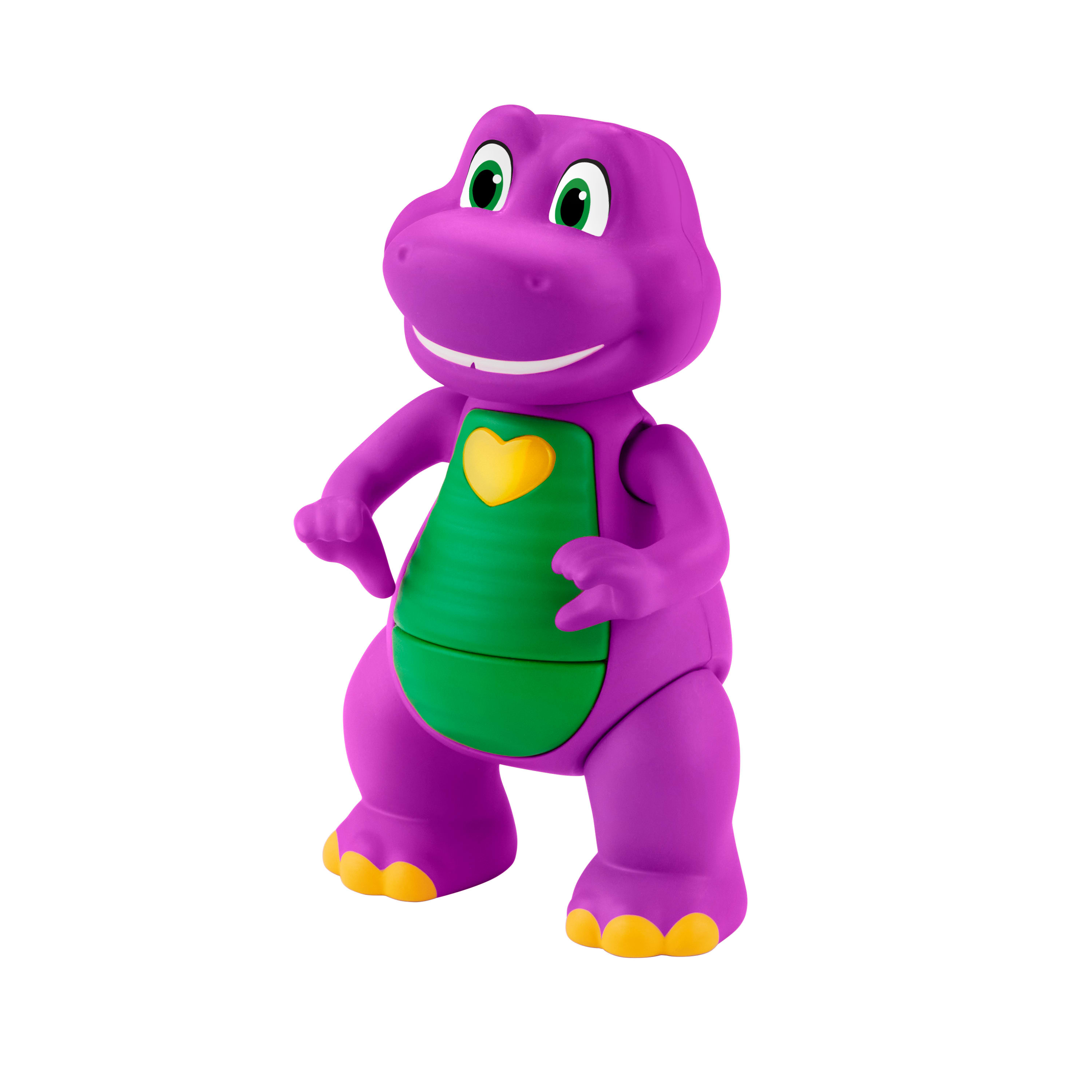 Lila Dinosaurier-Figur mit grüner Weste und gelbem Herz.